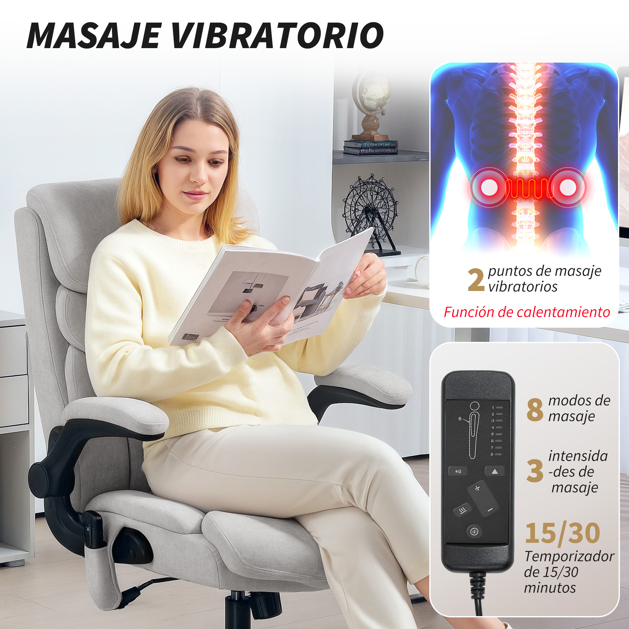 Mujer leyendo un libro en una silla de masaje. La silla tiene 2 puntos de vibración y función de calor.