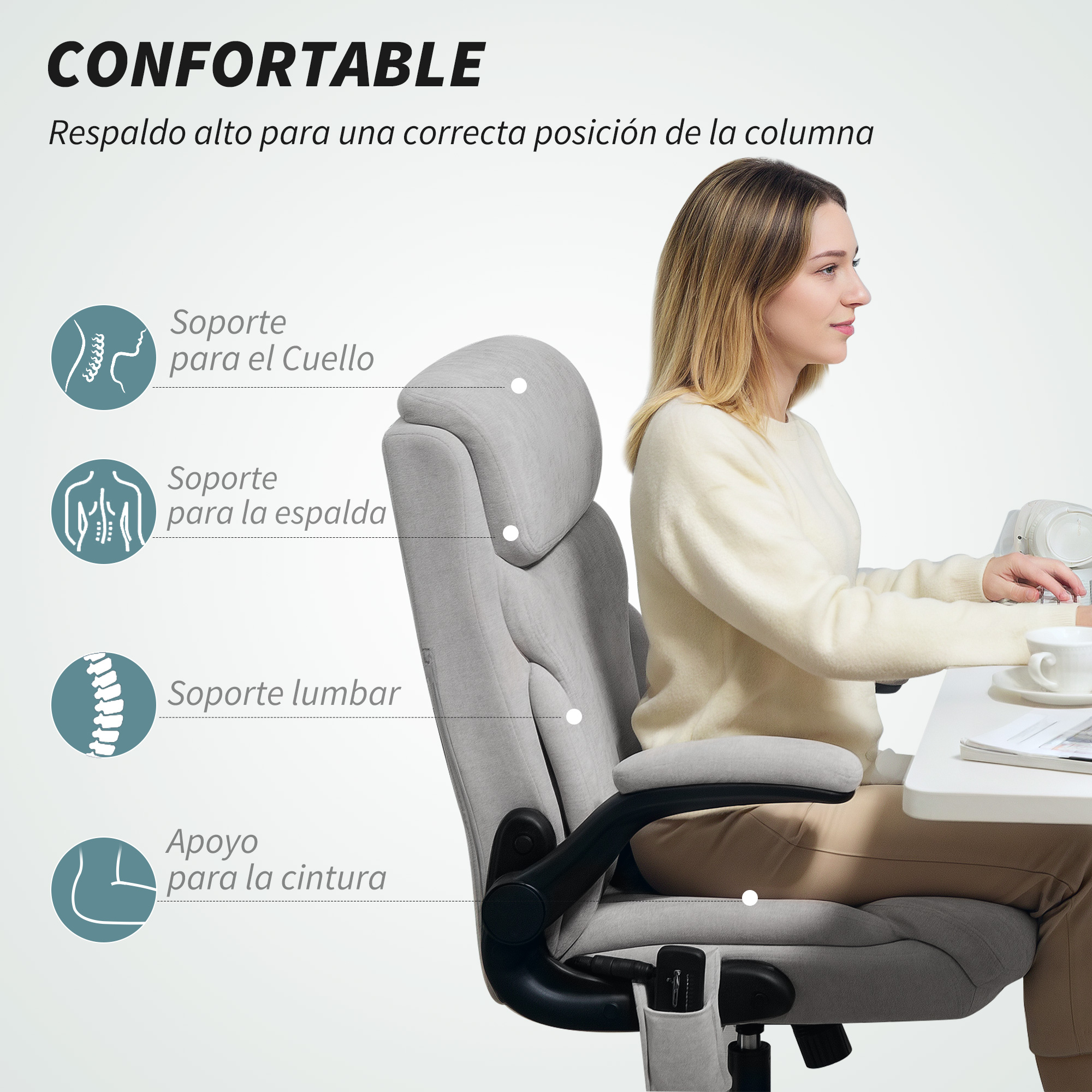 Mujer sentada en una silla de oficina. La silla soporta cuello, espalda, lumbar y cintura. Texto: Cómodo.