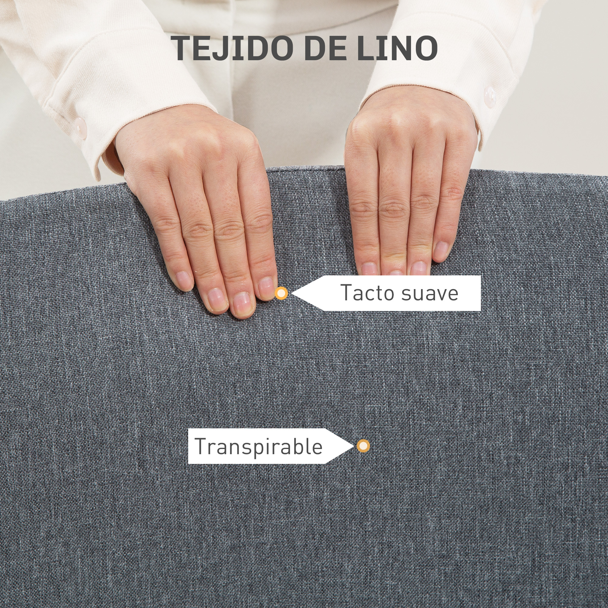 Primer plano de manos probando el tejido de lino gris suave y transpirable de una silla.