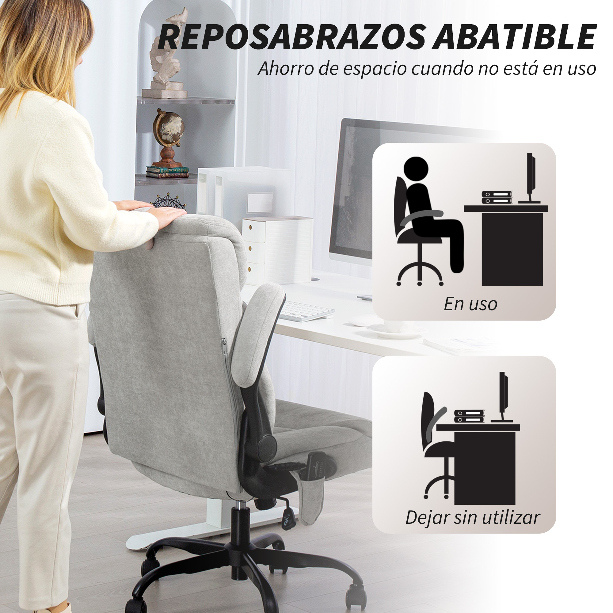 Mujer ajustando el reposabrazos de una silla de oficina, con diagrama de uso y sin uso.