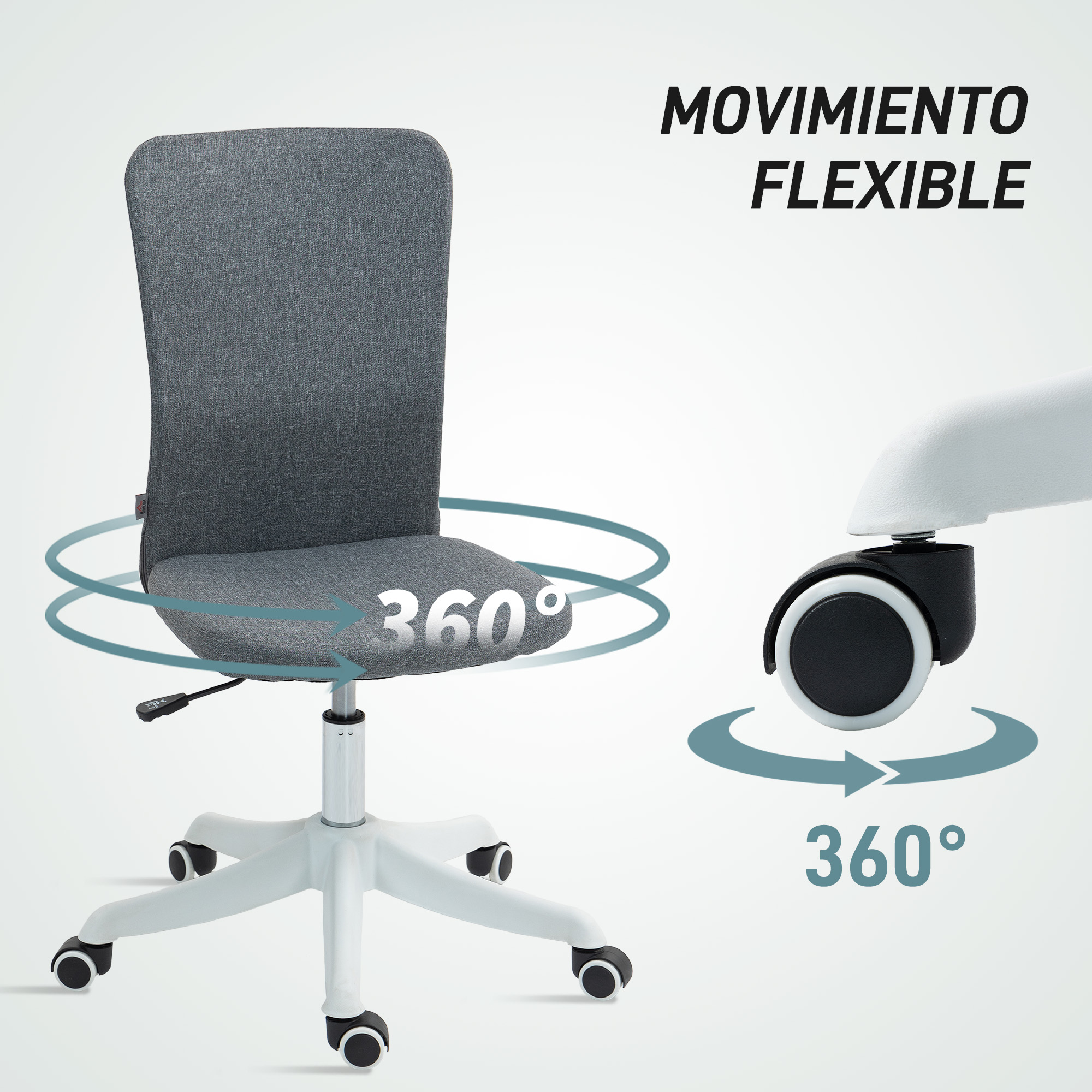 La silla giratoria gris con base y ruedas blancas gira 360 grados.