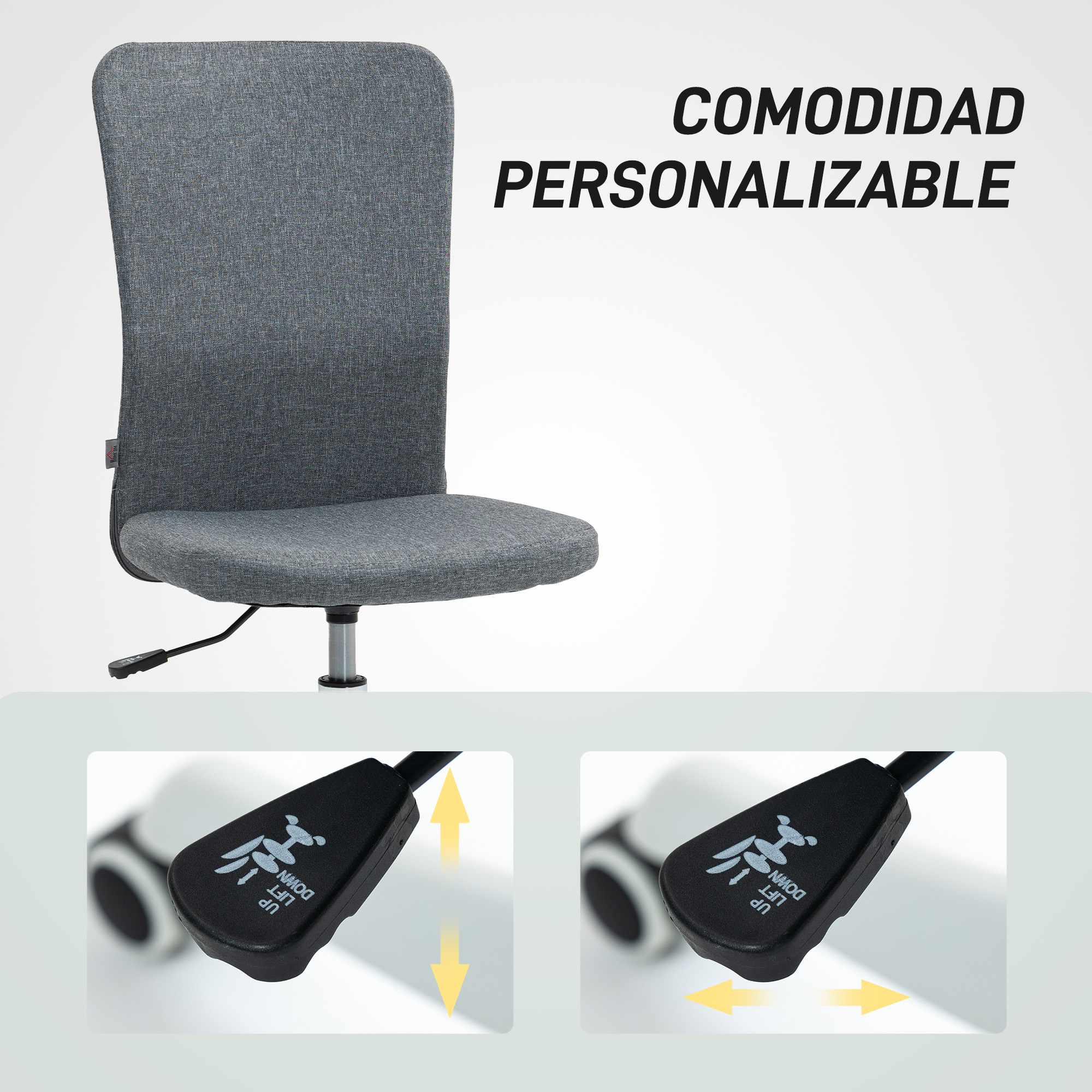 Silla de oficina gris con palanca ajustable para una comodidad personalizada.