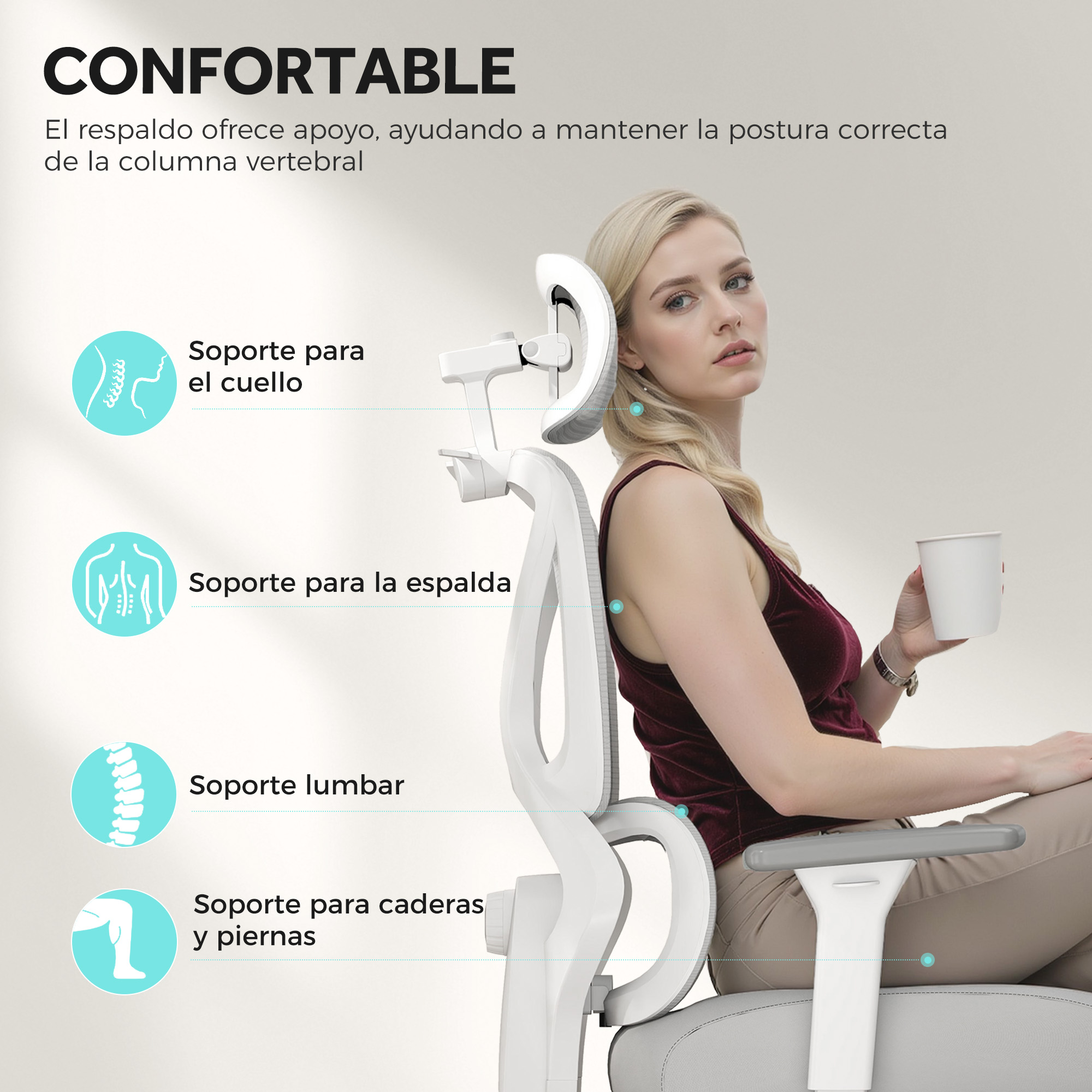 Mujer sentada en una silla de oficina blanca, bebiendo de una taza. Soporta cuello, espalda, lumbar y cadera.