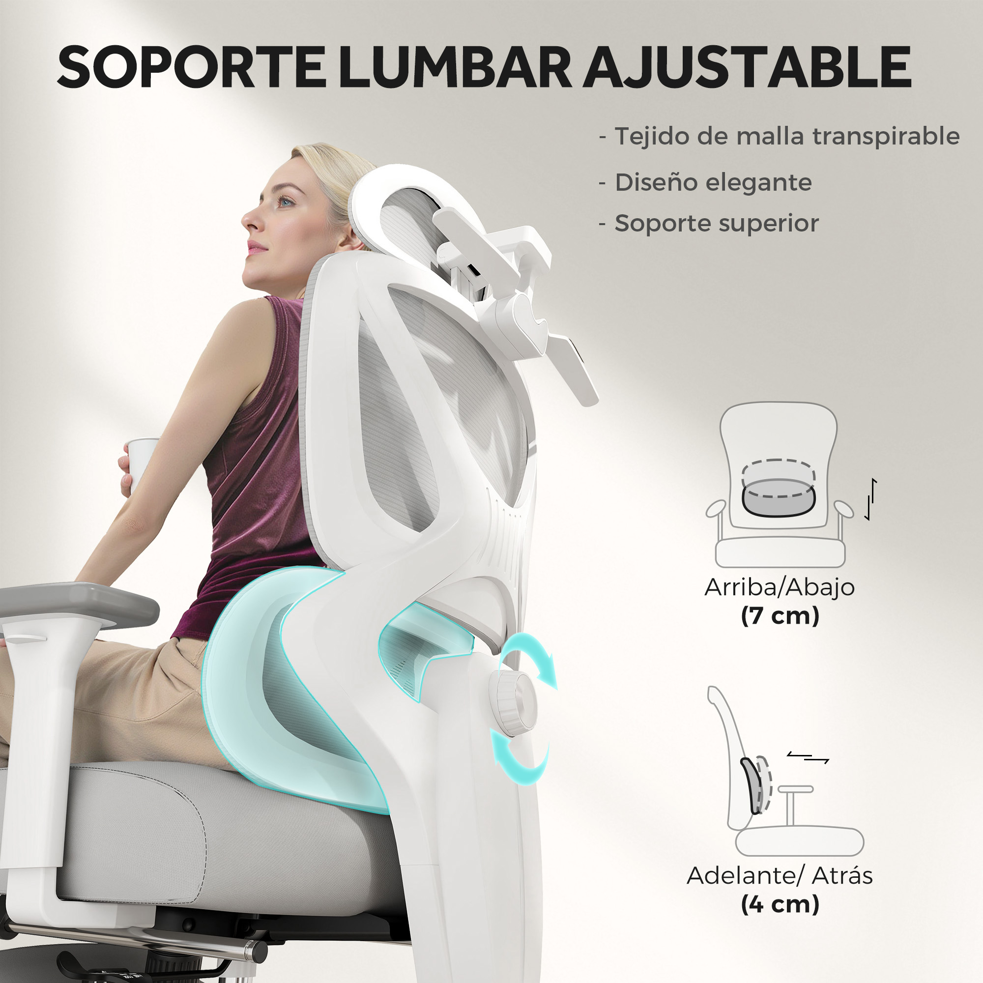 Mujer en silla de oficina blanca, ajustando el soporte lumbar. Texto: Soporte lumbar ajustable. Malla transpirable.