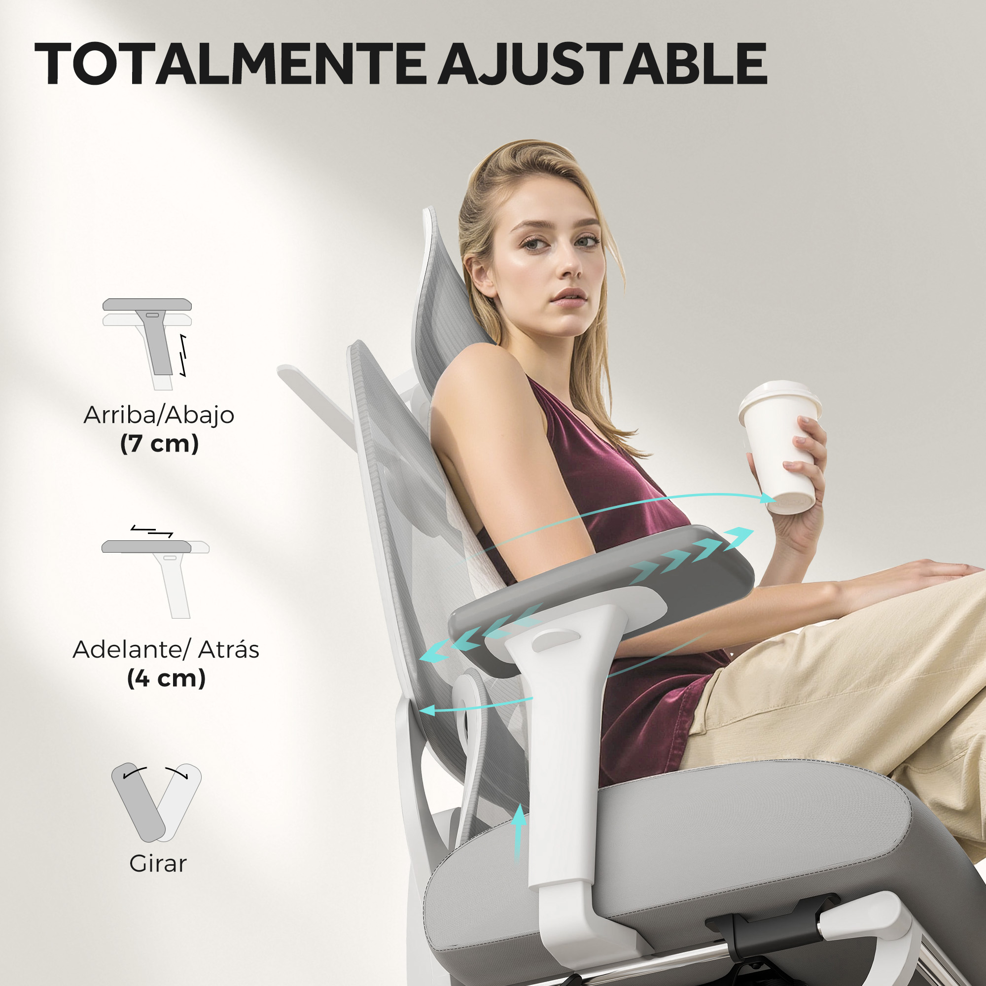Mujer en silla de oficina blanca ajusta los reposabrazos. Texto: Totalmente ajustable. Reposabrazos arriba/abajo, adelante/atrás.