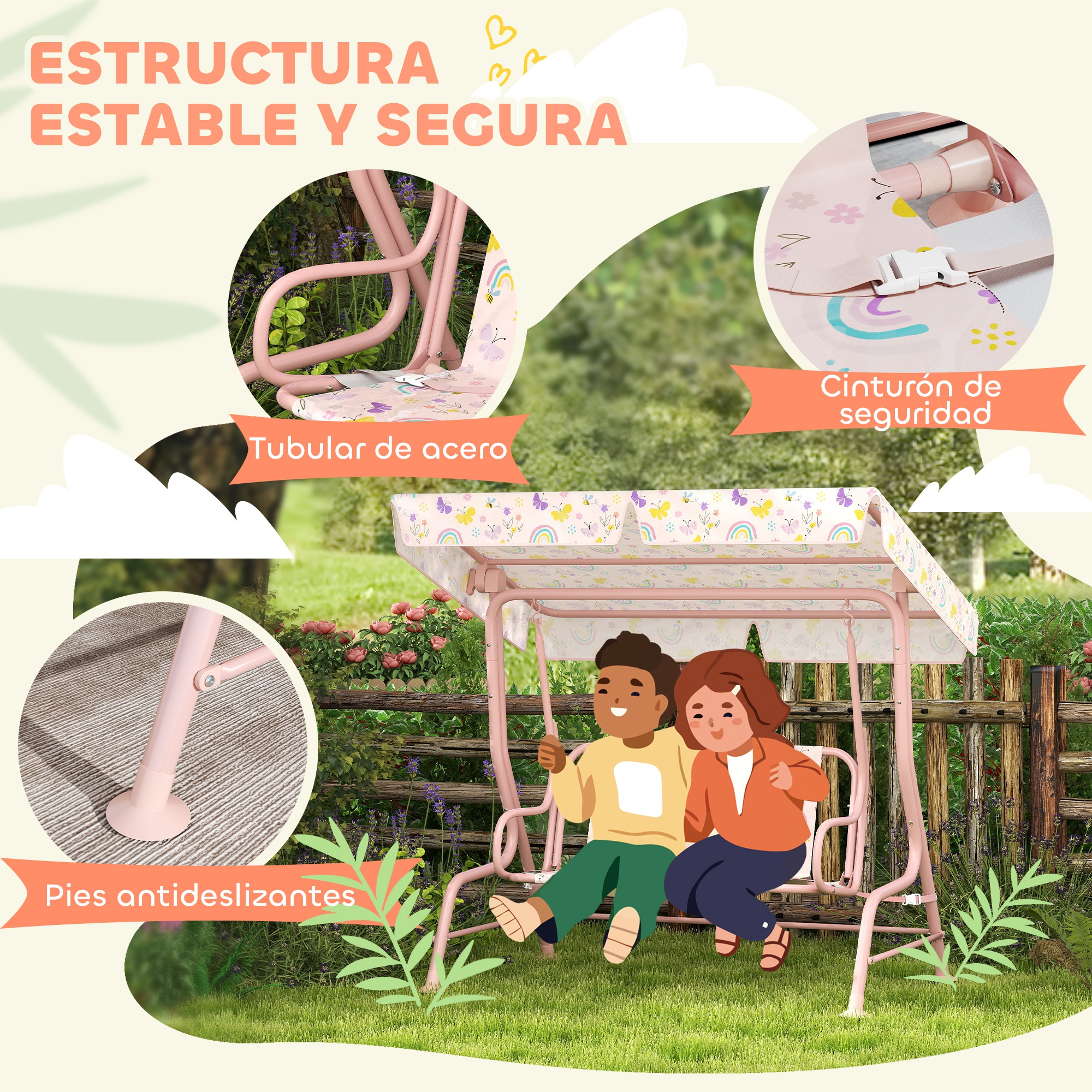 Diagrama que muestra las características del columpio rosa.