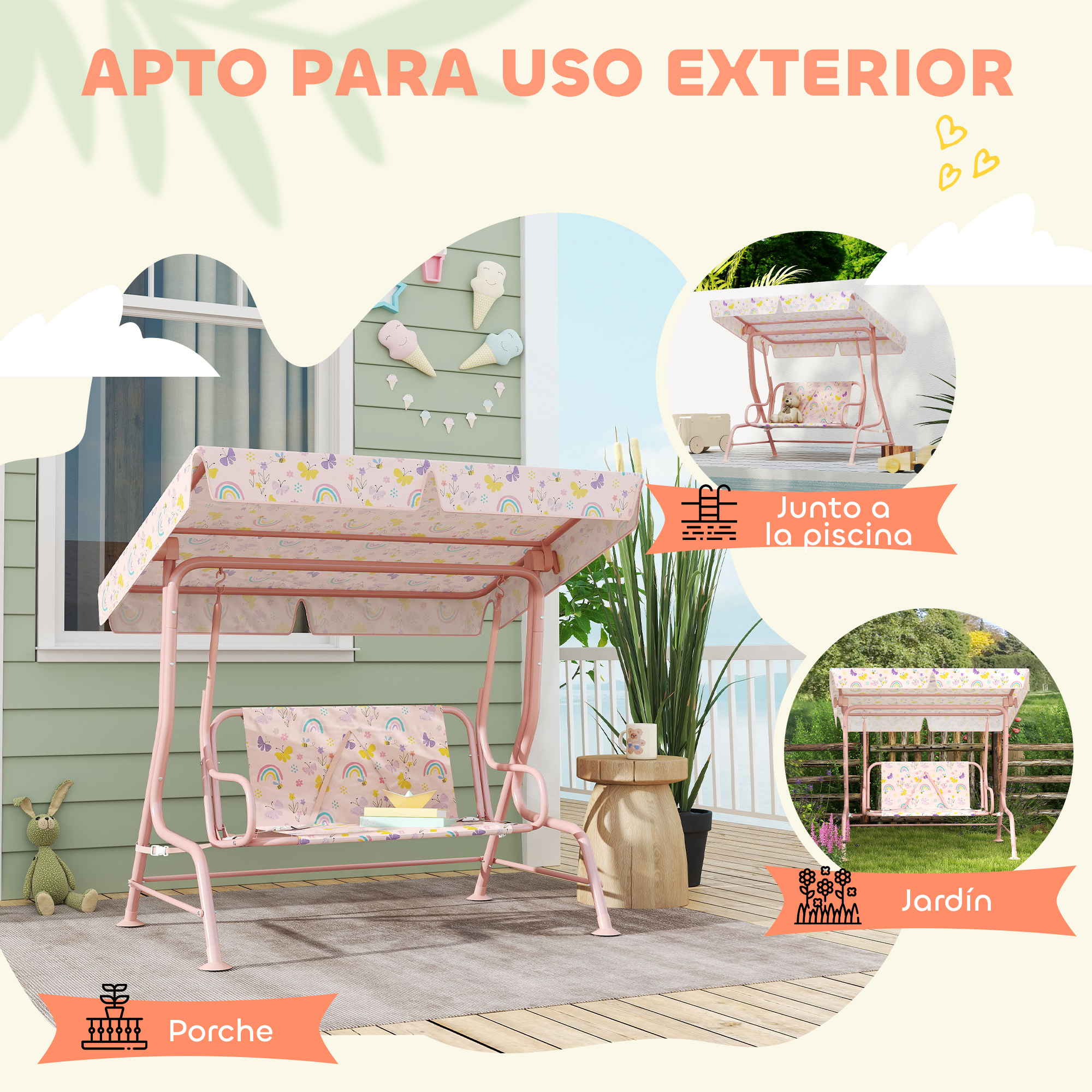Columpio rosa con dosel, mostrado en un porche, junto a una piscina y en un jardín. Incluye un osito de peluche.