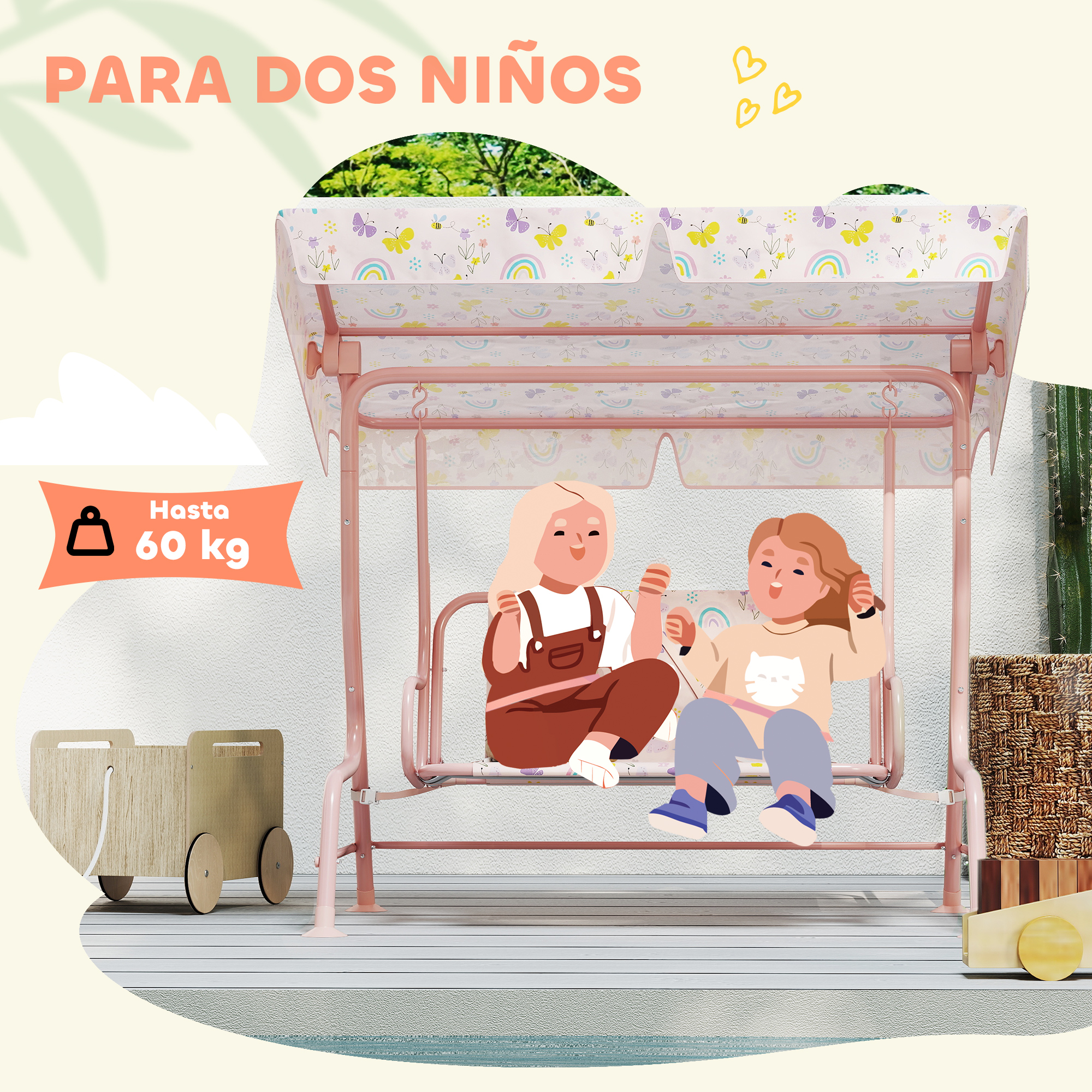Dos niños en un columpio rosa con toldo floral, jugando.