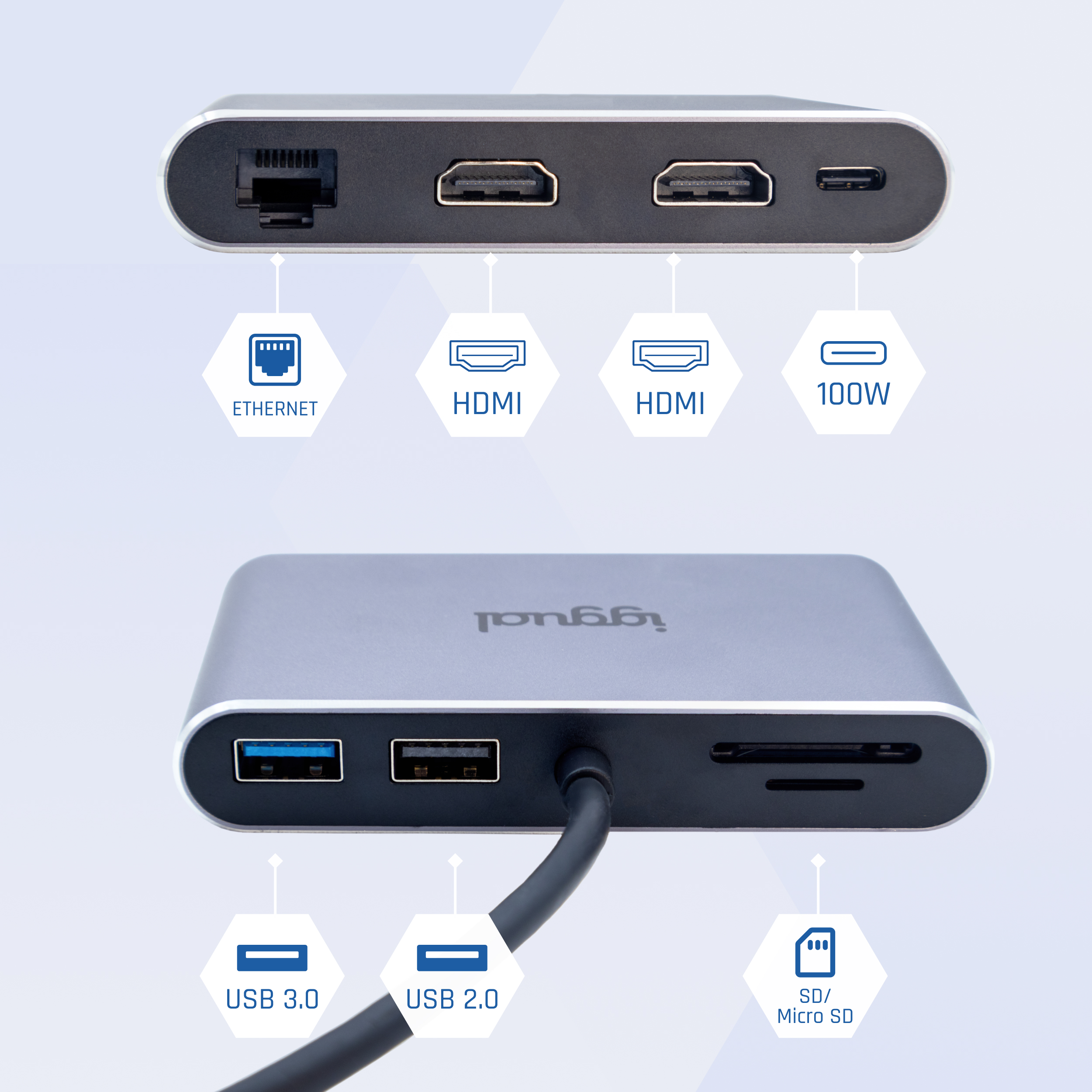 Szary adapter z różnymi portami: Ethernet, HDMI, USB i karta SD. Ma podłączony czarny kabel.
