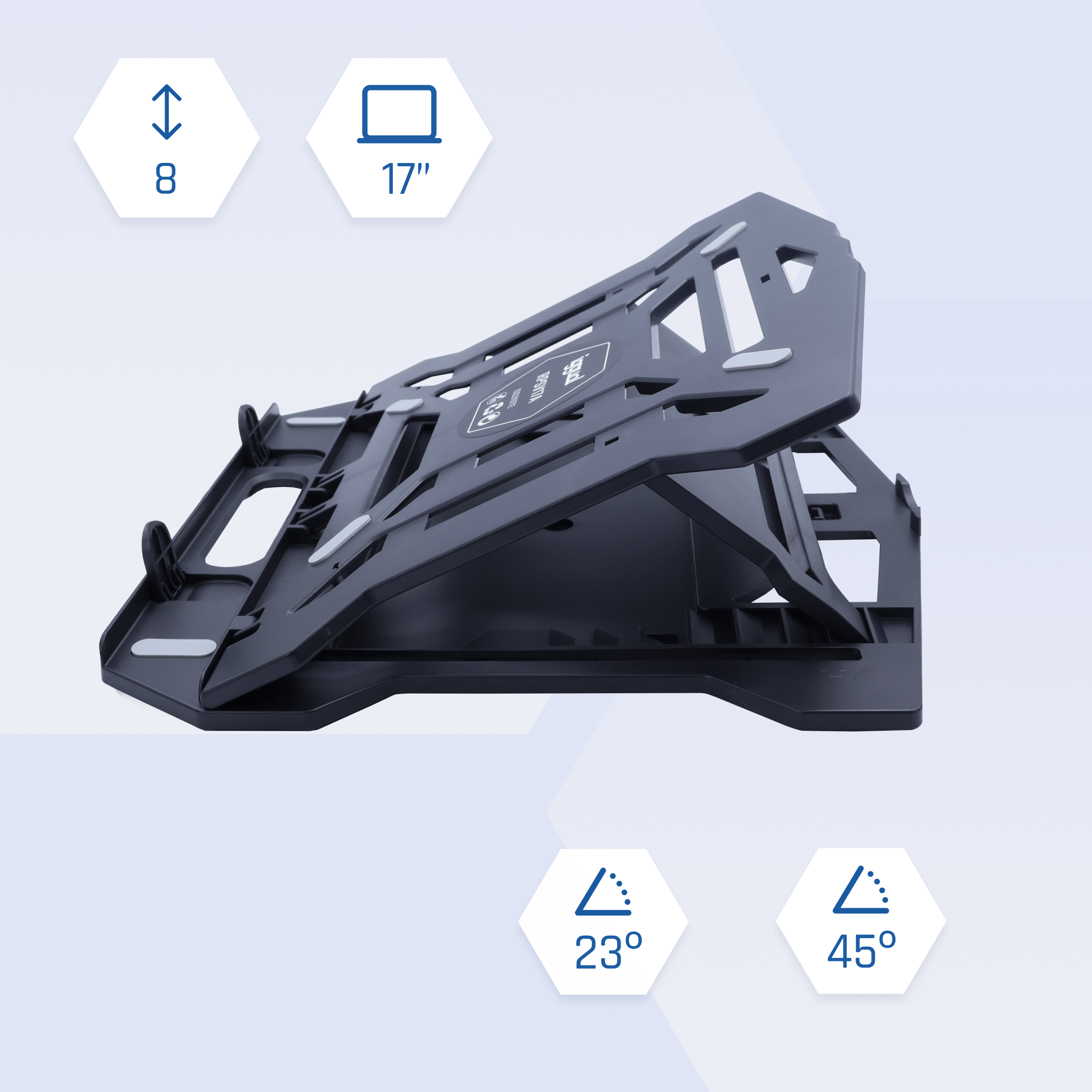 Czarny stojak na laptopa skierowany w górę, z białymi akcentami i logo marki.