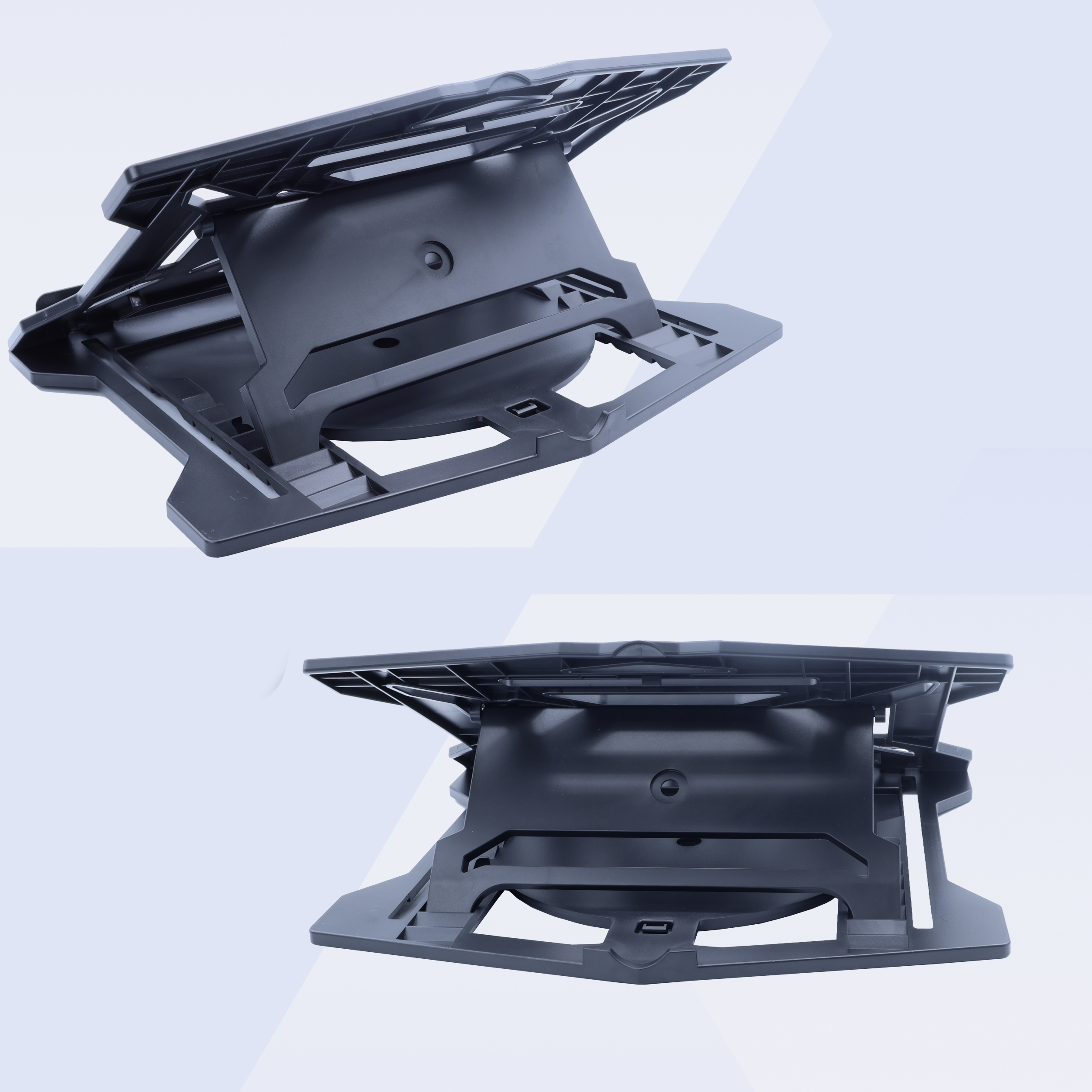 Czarny stojak na laptopa. Widok z góry i z dołu. Stojak jest wykonany z tworzywa sztucznego.