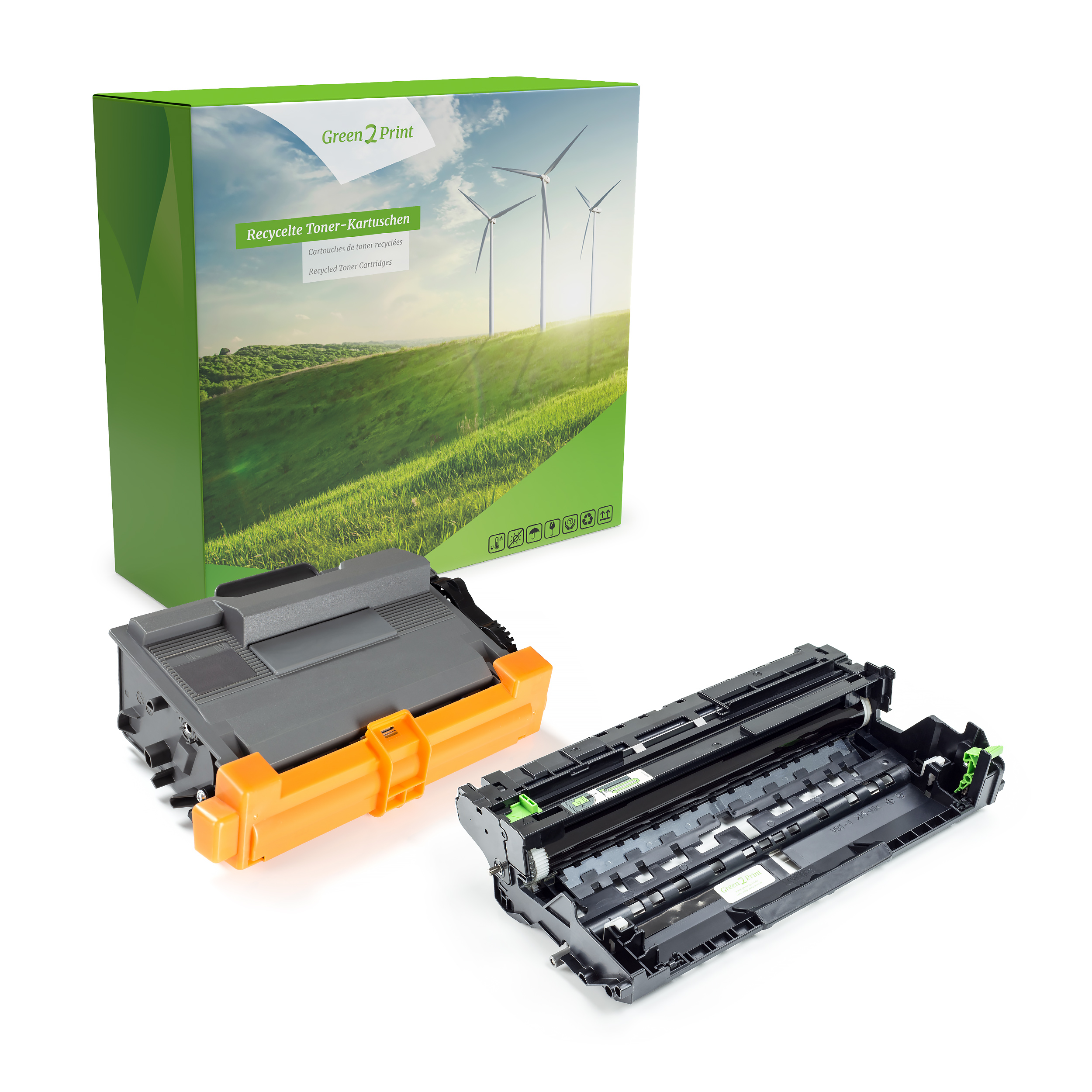 Eine Tonerkartusche und eine Druckertrommel nebeneinander, sowie eine Box mit Windrädern.