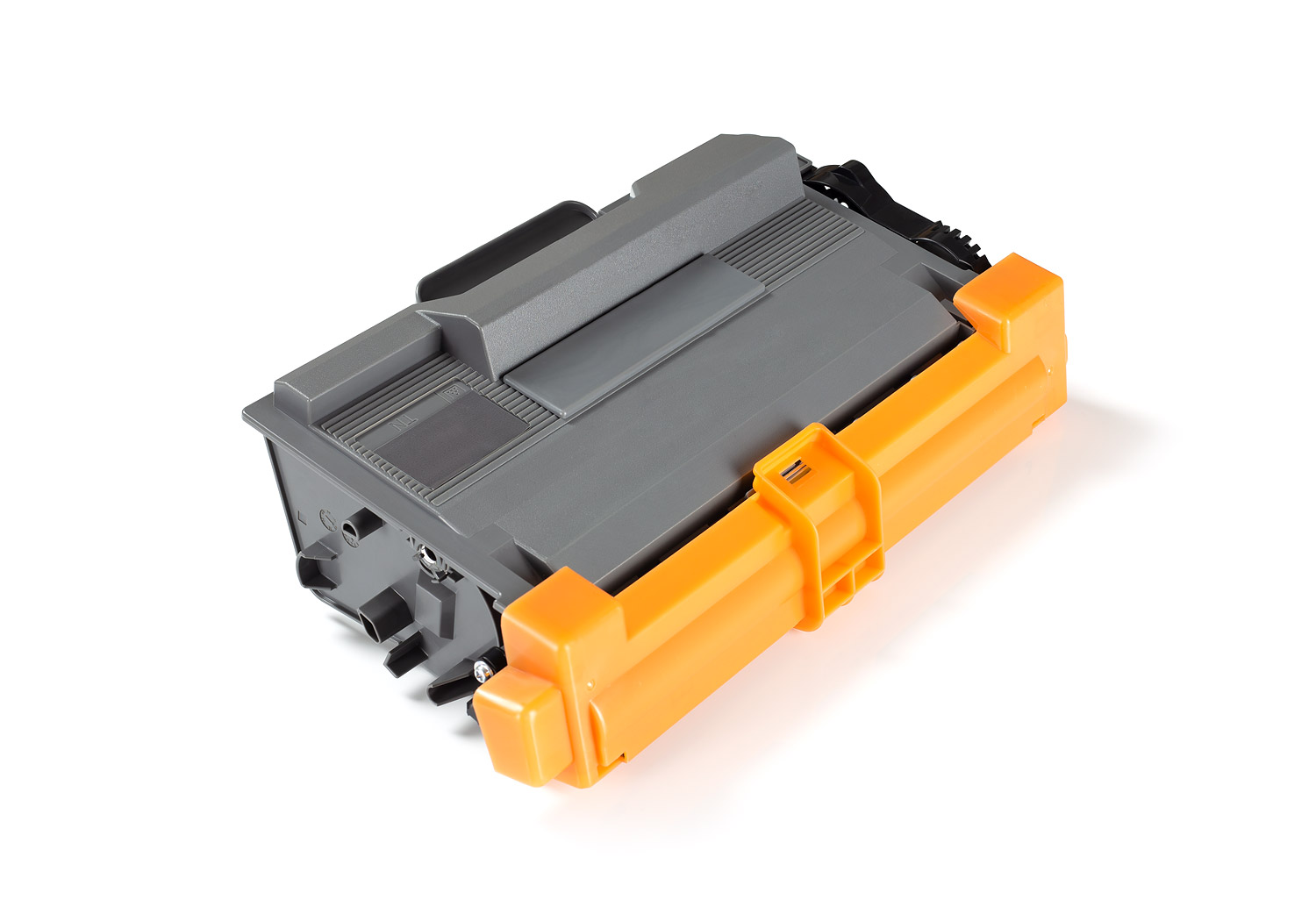 Eine grau-schwarze Tonerkartusche mit orangefarbenen Akzenten und weißem Hintergrund.