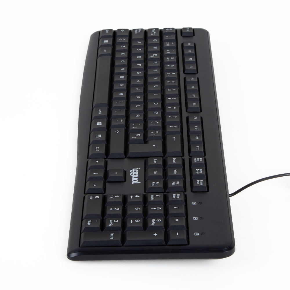 Teclado de computadora negro sobre fondo blanco con las teclas en la parte superior.