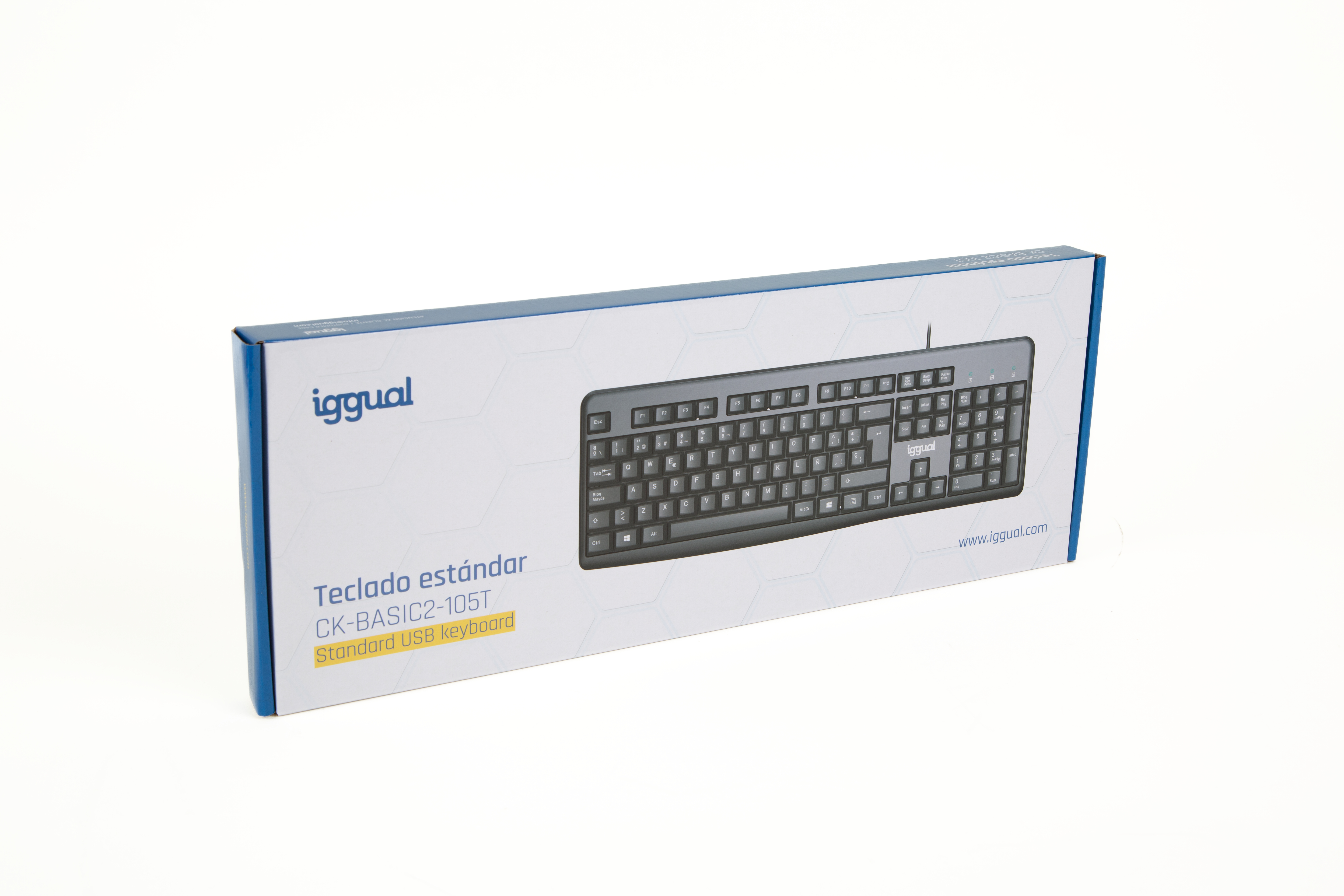Un teclado en una caja. La caja tiene la marca iggual y el modelo CK-BASIC2-105T.