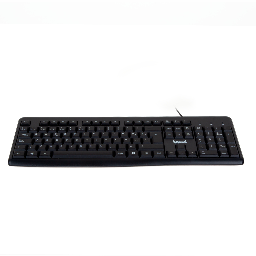 Teclado negro con teclas y teclado numérico. Fondo blanco.
