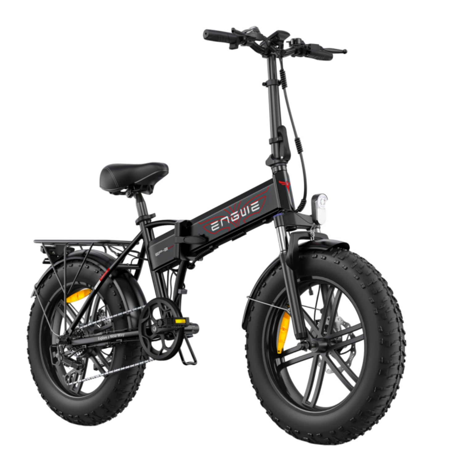 Bicicleta eléctrica ENGWE negra con llantas anchas. Detalles en negro y rojo.