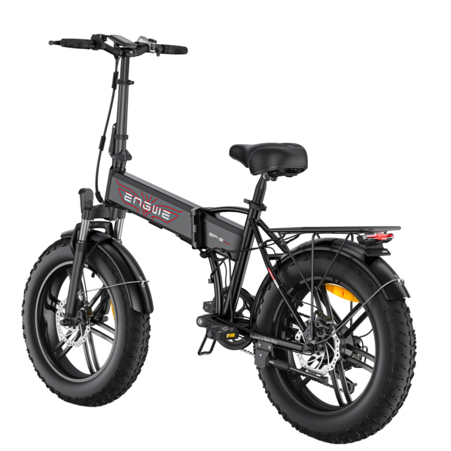 Bicicleta eléctrica ENGWE negra. Llantas anchas. Marco negro y portaequipajes trasero.