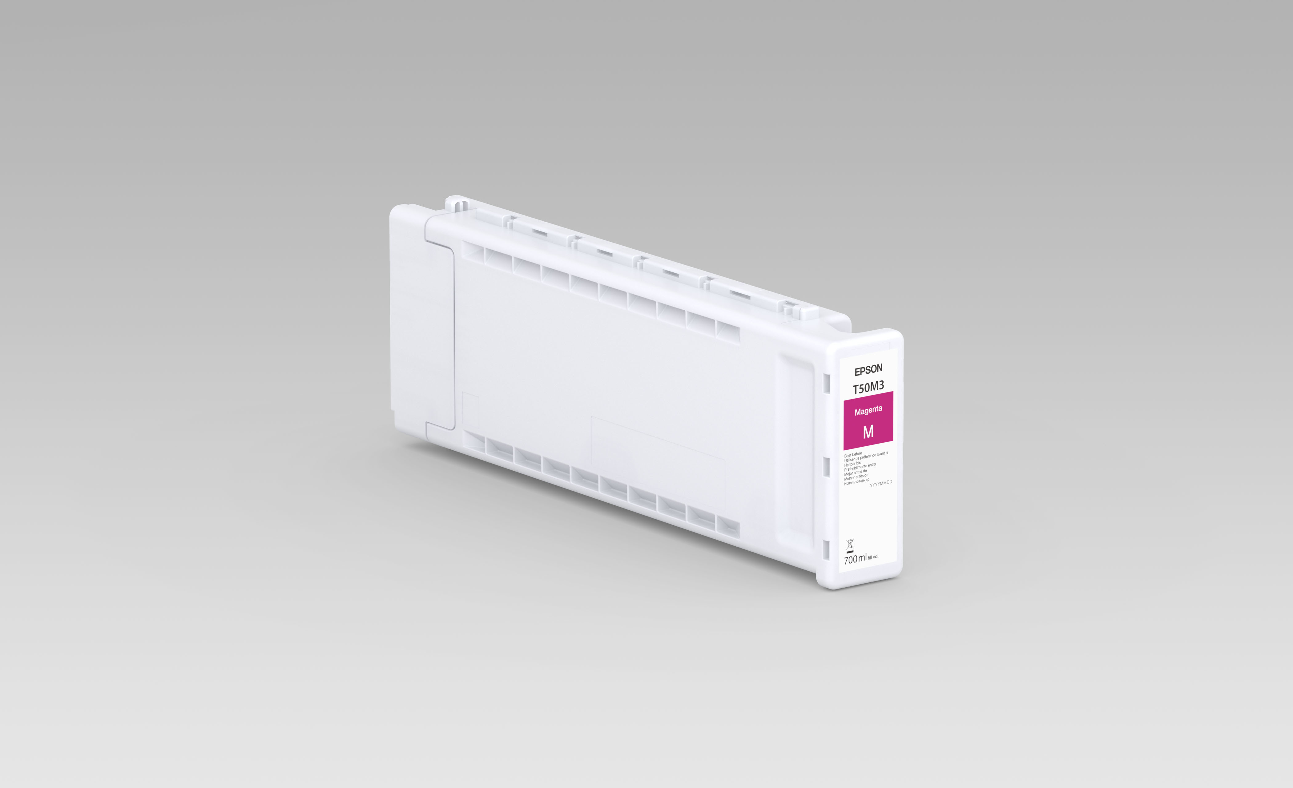 Weißer Epson-Tintenbehälter mit magentafarbenem Etikett auf grauem Hintergrund.