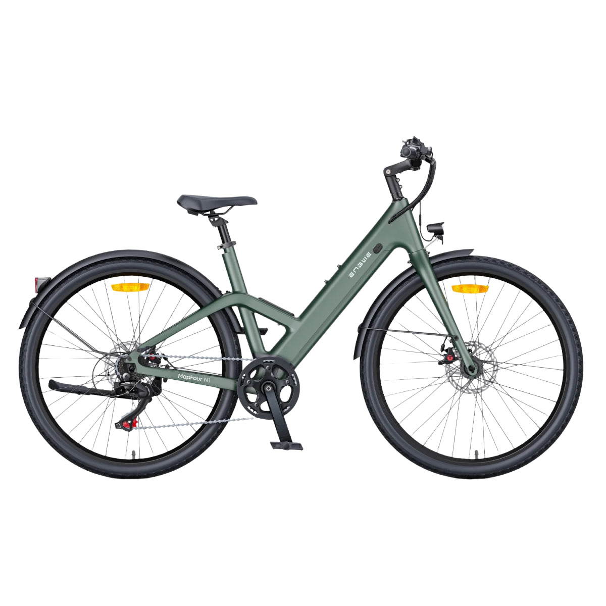 Bicicletta verde con pneumatici neri, sella nera e sfondo bianco.