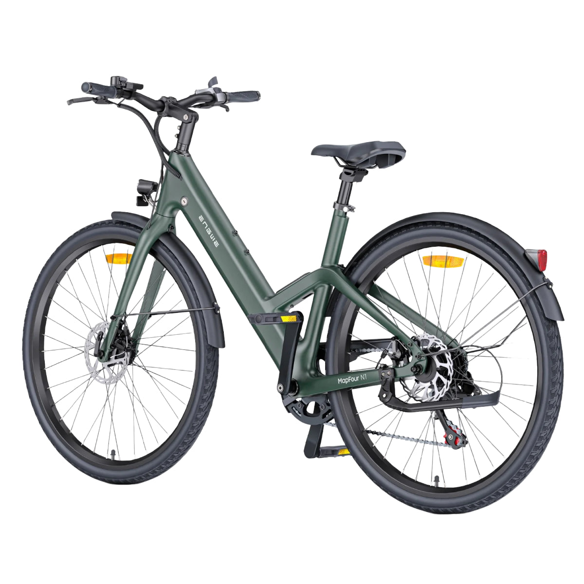Bicicletta verde e nera su sfondo bianco. La bicicletta è una bici elettrica.