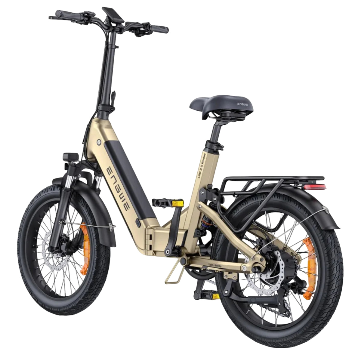 Bicicleta eléctrica plegable dorada y negra sobre fondo blanco. Tiene neumáticos negros.