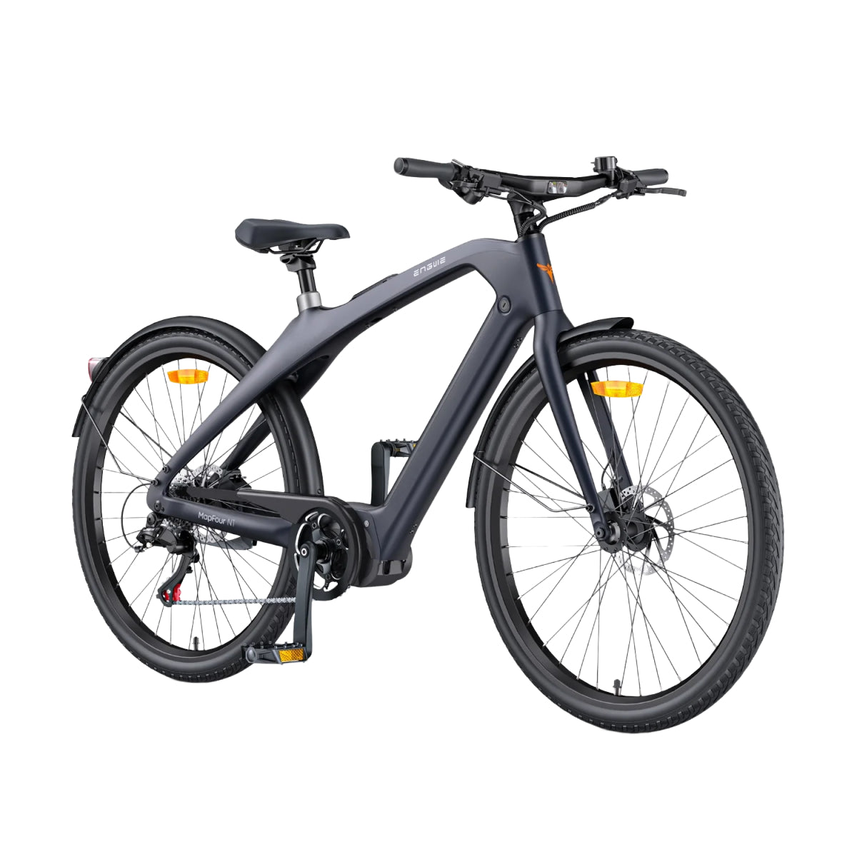 Bicicleta eléctrica gris oscura sobre fondo blanco. Diseño elegante, neumáticos negros, con luces integradas.