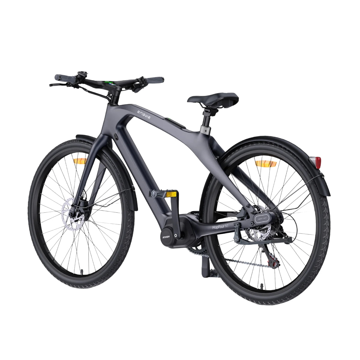 Bicicleta eléctrica gris sobre fondo blanco. Tiene ruedas negras y un diseño elegante y moderno.