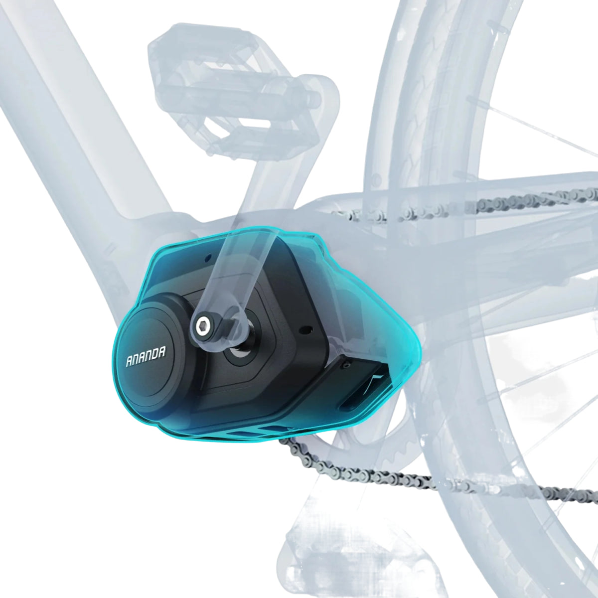 Sistema de motor de bicicleta eléctrica, negro con cubierta transparente, cadena y pedales sobre fondo blanco.