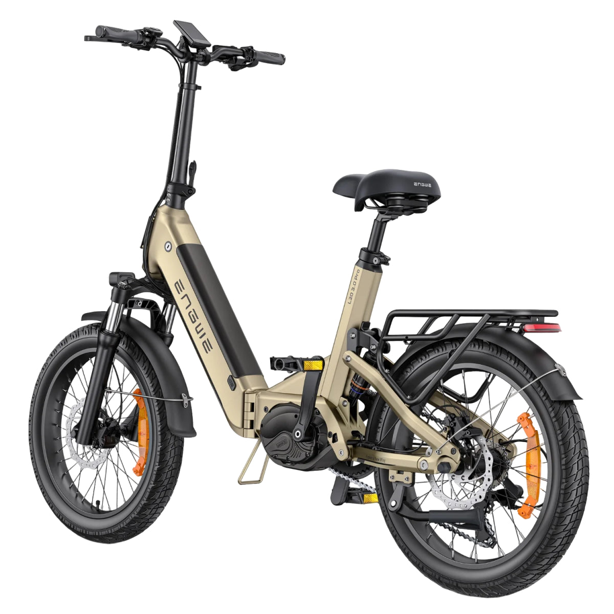 Bicicletta elettrica pieghevole dorata, pneumatici neri, con portapacchi e faro anteriore su sfondo bianco.