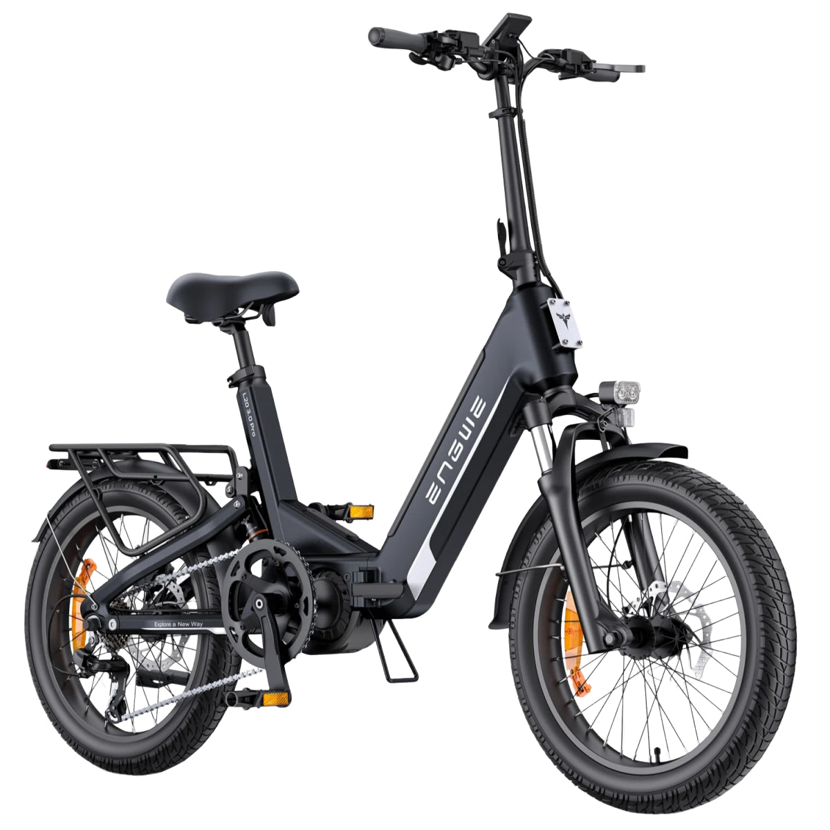 Schwarzes Elektro-Klapprad mit schwarzen Reifen und Lichtern auf weißem Grund.