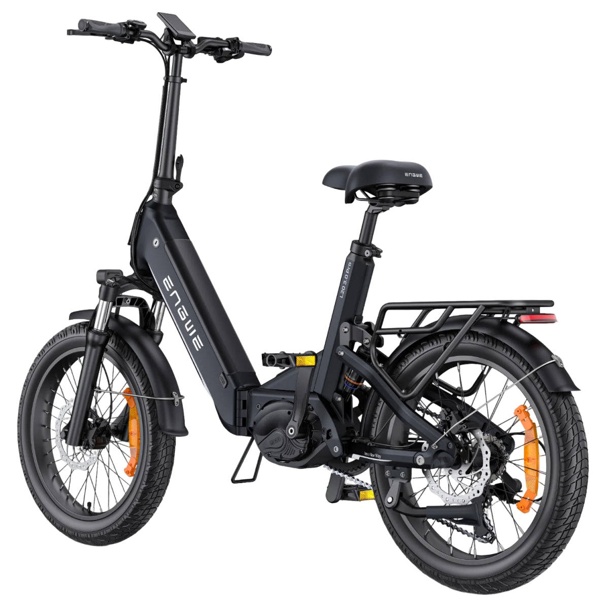 Schwarzes Elektro-Klapprad mit schwarzen Reifen und Lichtern auf weißem Grund.