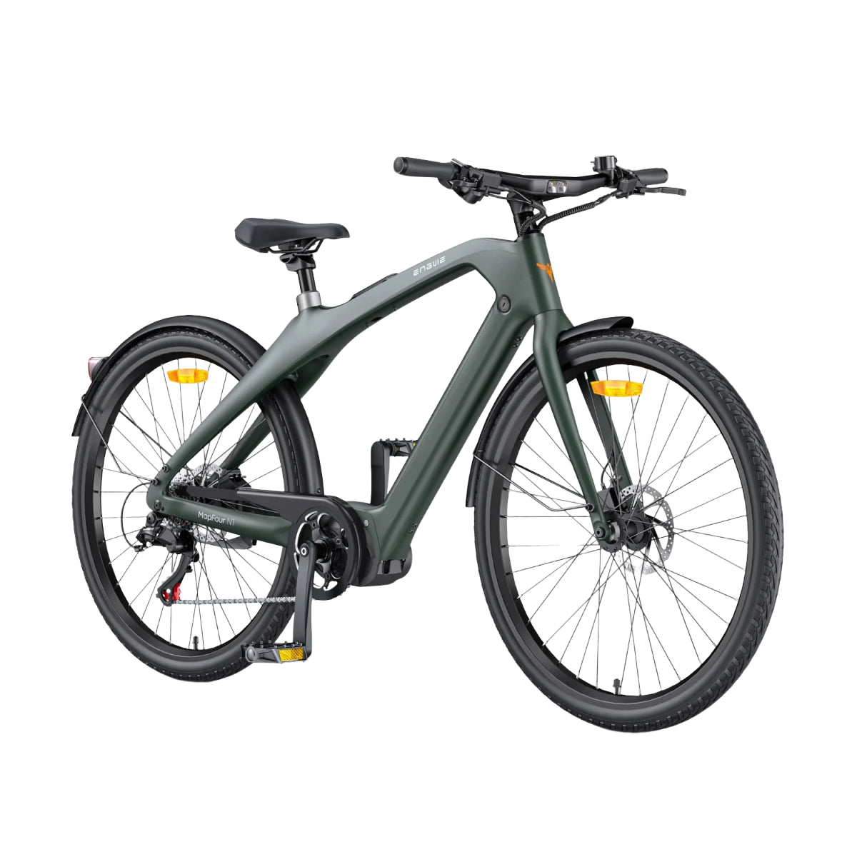 Bicicleta eléctrica verde con asiento, ruedas y manillar negros sobre fondo blanco.