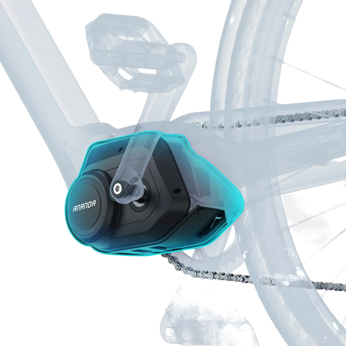 Vista transparente del motor de una bicicleta. El motor es negro y azul.