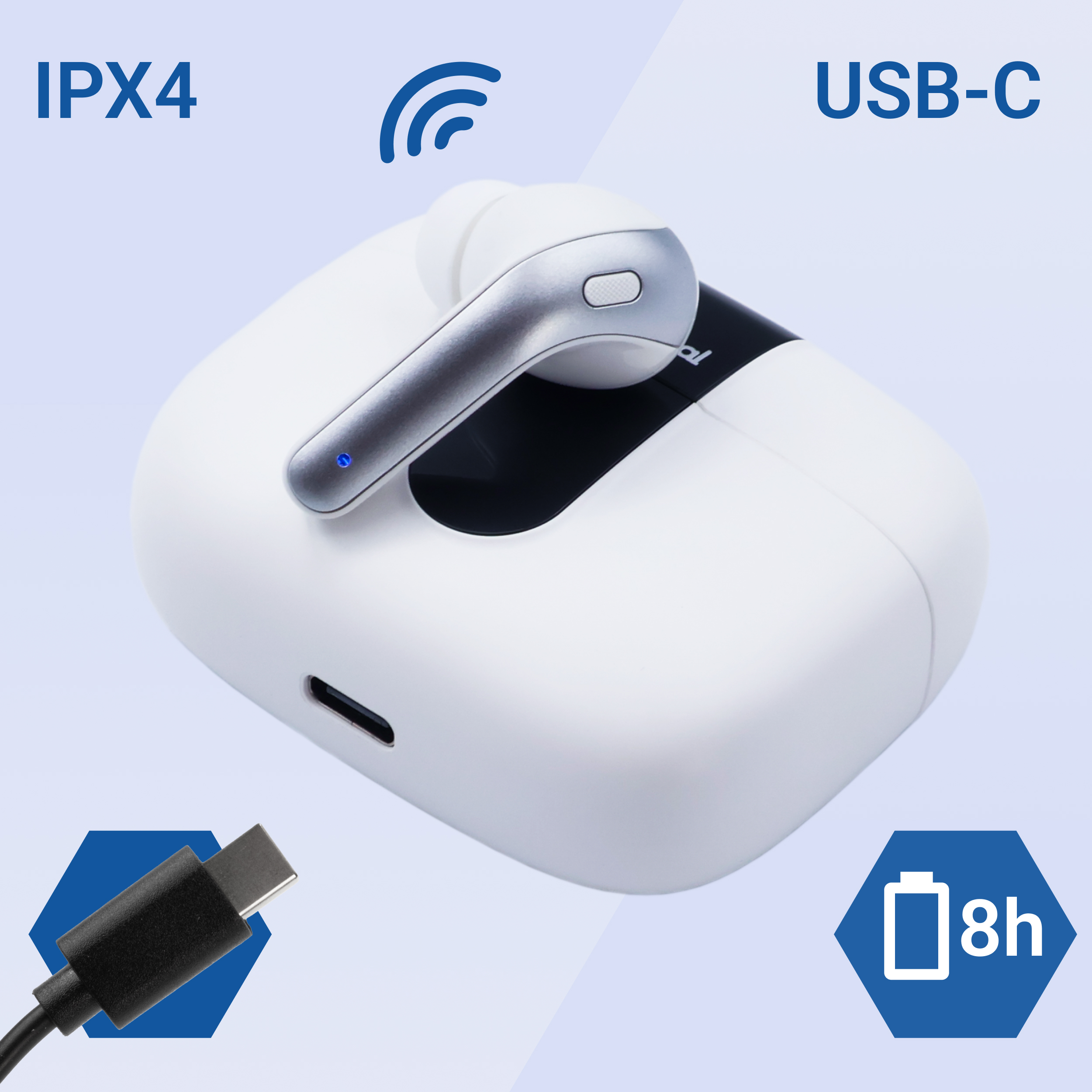Custodia di ricarica per auricolari bianca, con porta USB-C. Mostra icone IPX4 e 8h batteria.