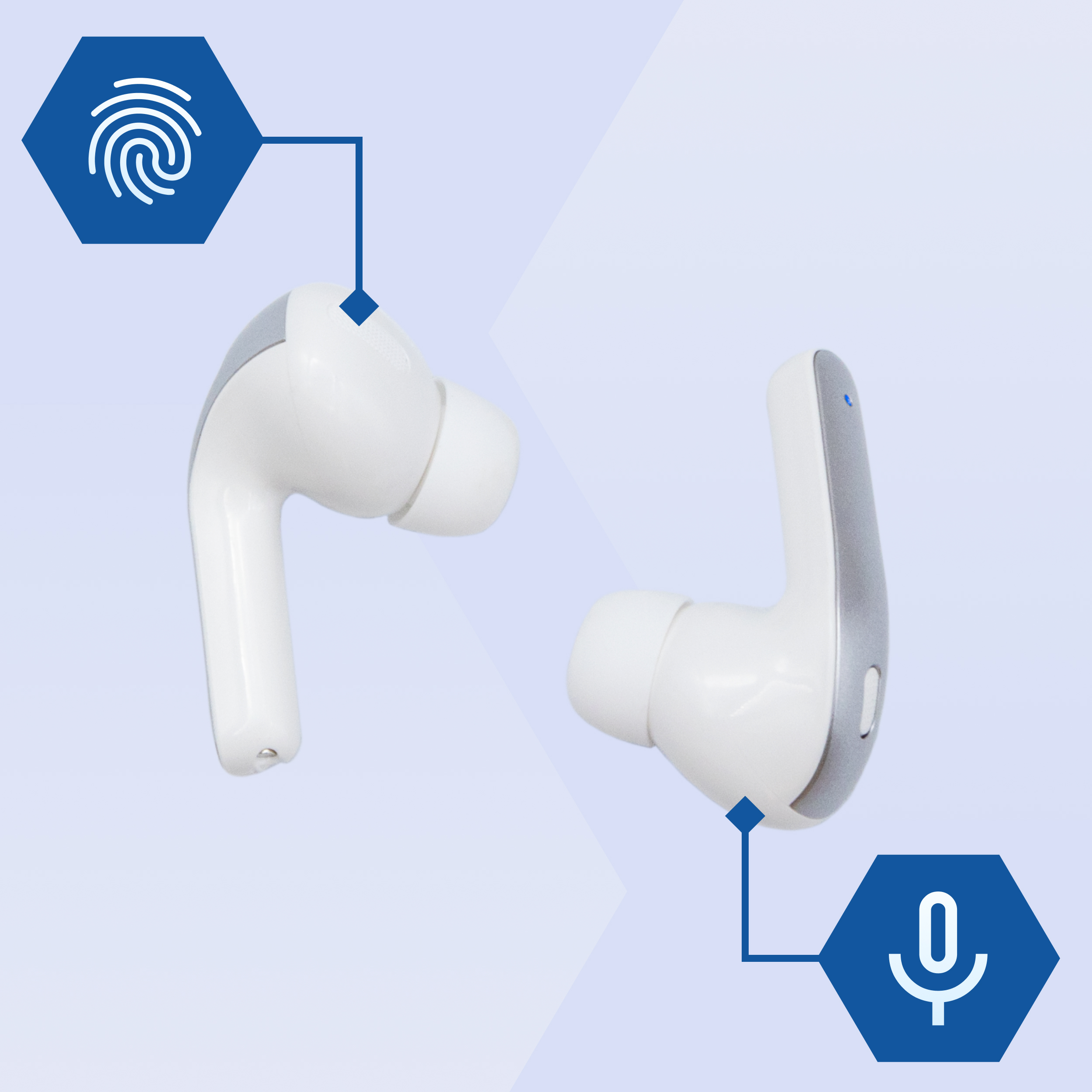 Due auricolari bianchi. Uno con icona impronta digitale, l'altro con simbolo microfono.