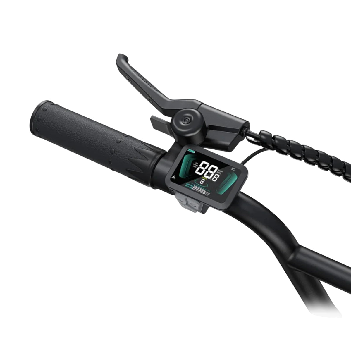 Primer plano del manillar de una bicicleta con pantalla digital que muestra velocidad y datos.