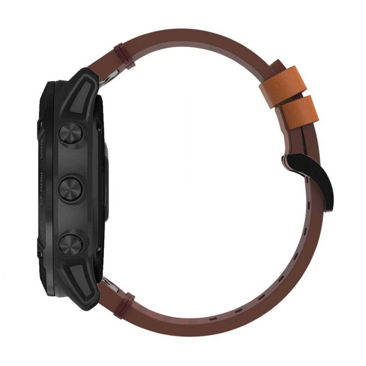 Seitenansicht einer schwarzen Smartwatch mit braunem Lederarmband.