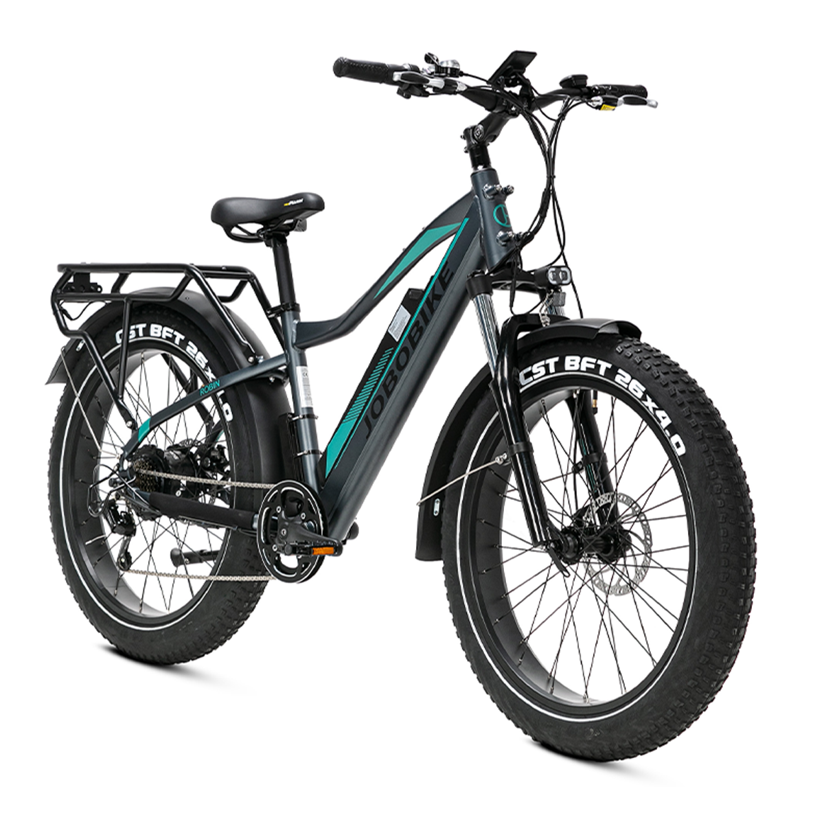 Graues JOBOBIKE Elektrofahrrad mit schwarzen Reifen. Gepäckträger und Scheinwerfer.