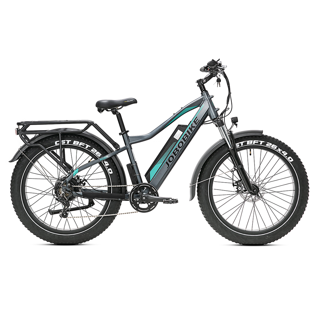 Graues und blaugrünes Elektrofahrrad. Schwarze Reifen. Weißer Hintergrund.