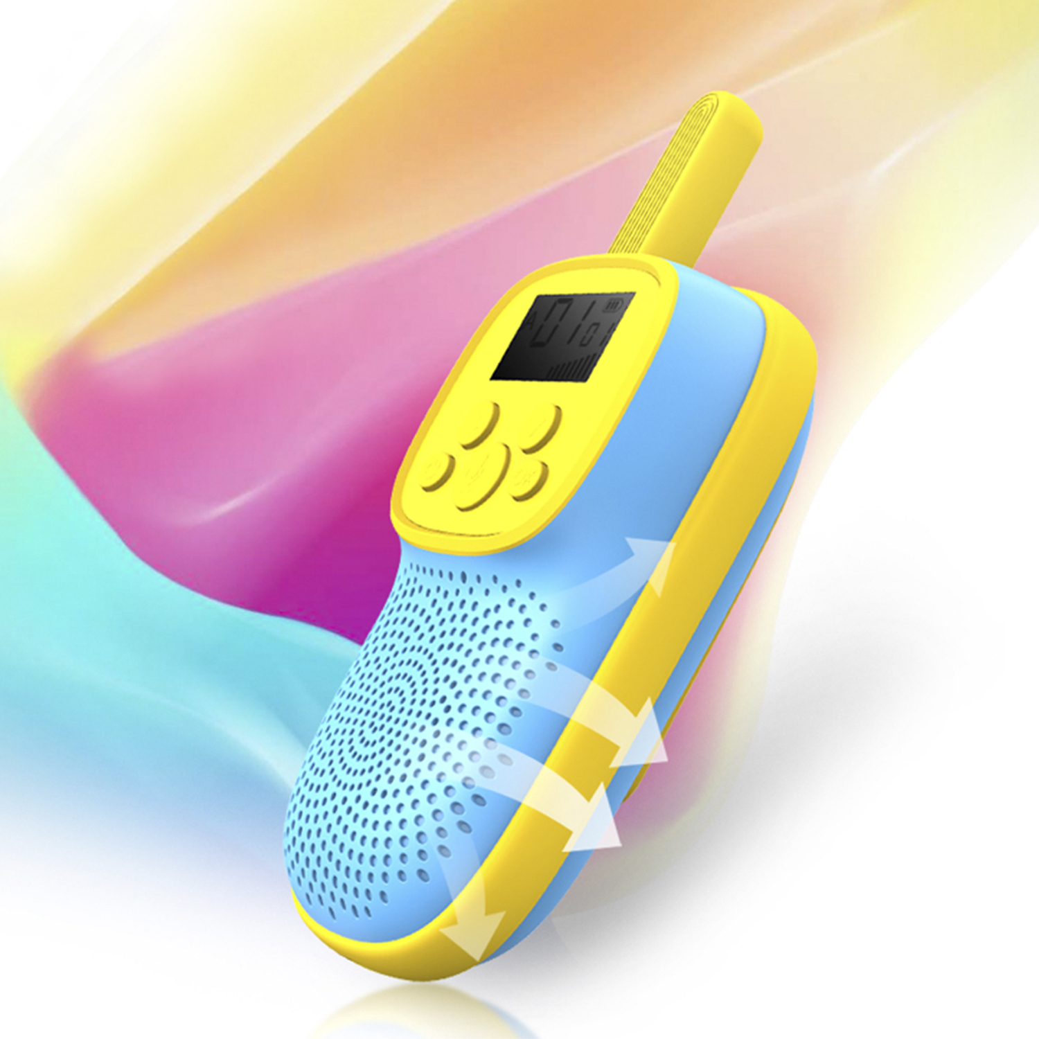 Un walkie-talkie azul y amarillo con pantalla digital, flechas indican ondas de sonido.