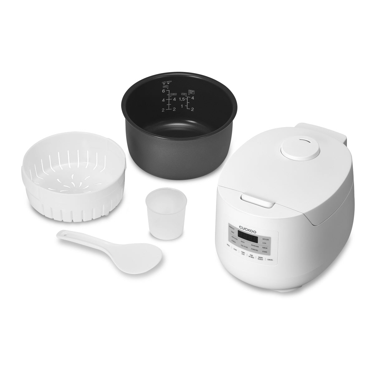 Parti di cuociriso bianco: pentola interna, vaporiera, tazza e cucchiaio.