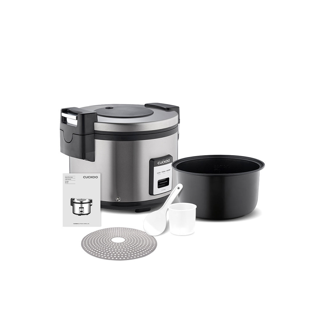 Cuckoo Reiskocher mit Zubehör. Silberner Korpus, schwarzer Topf, Löffel und Handbuch.