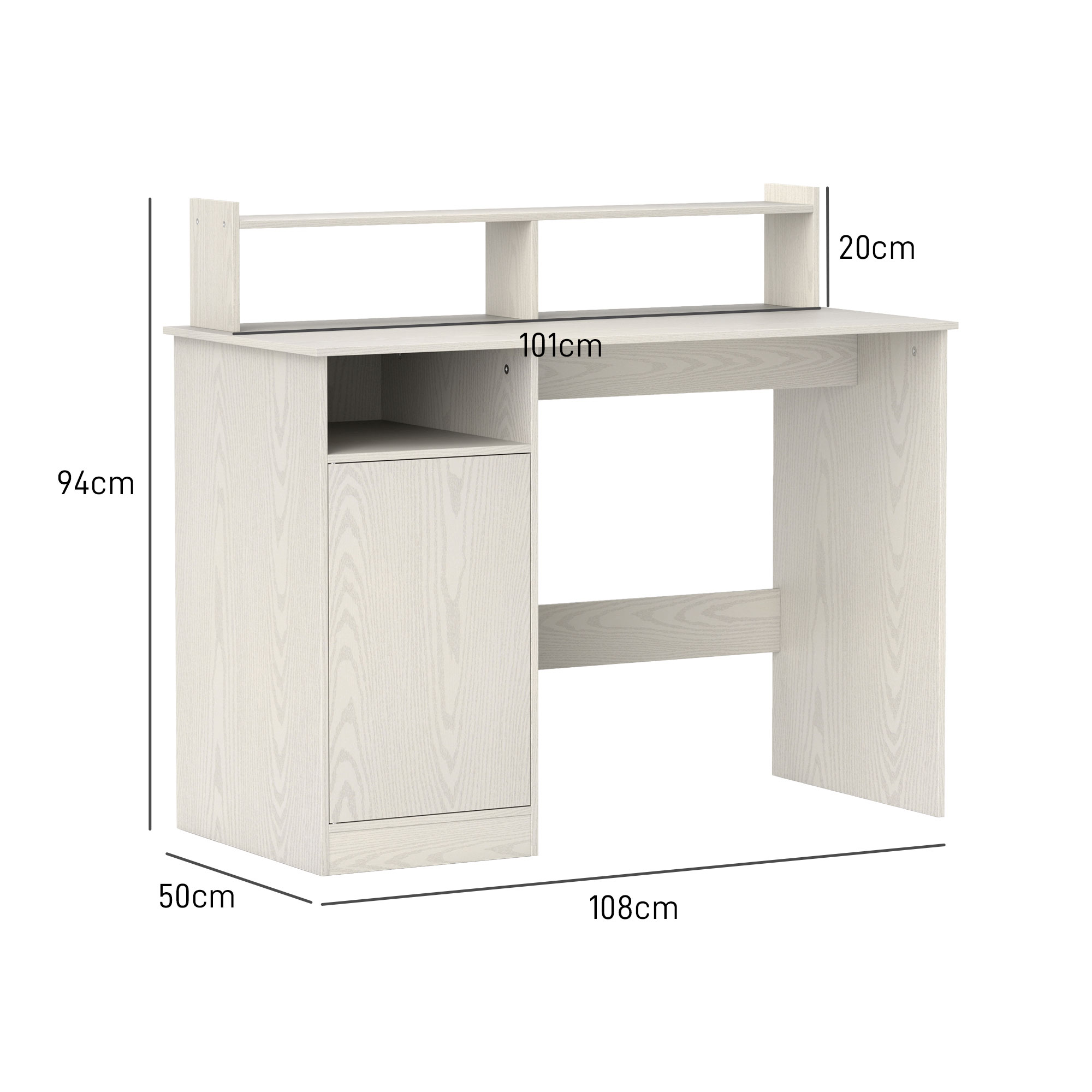 Escritorio blanco con dimensiones etiquetadas: 108 cm, 94 cm, 50 cm y 20 cm.