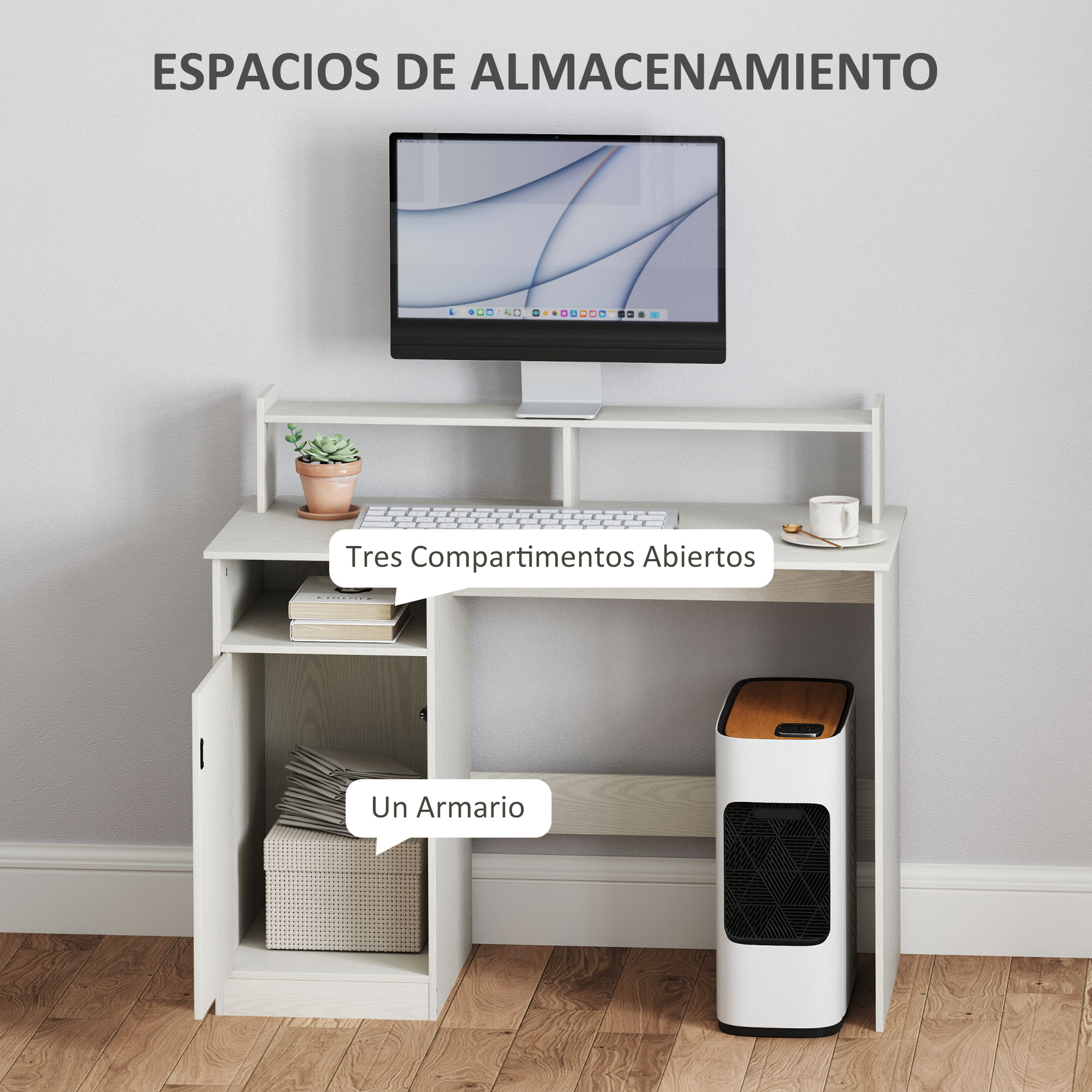 Un escritorio blanco con compartimentos abiertos, un monitor y una planta en maceta.
