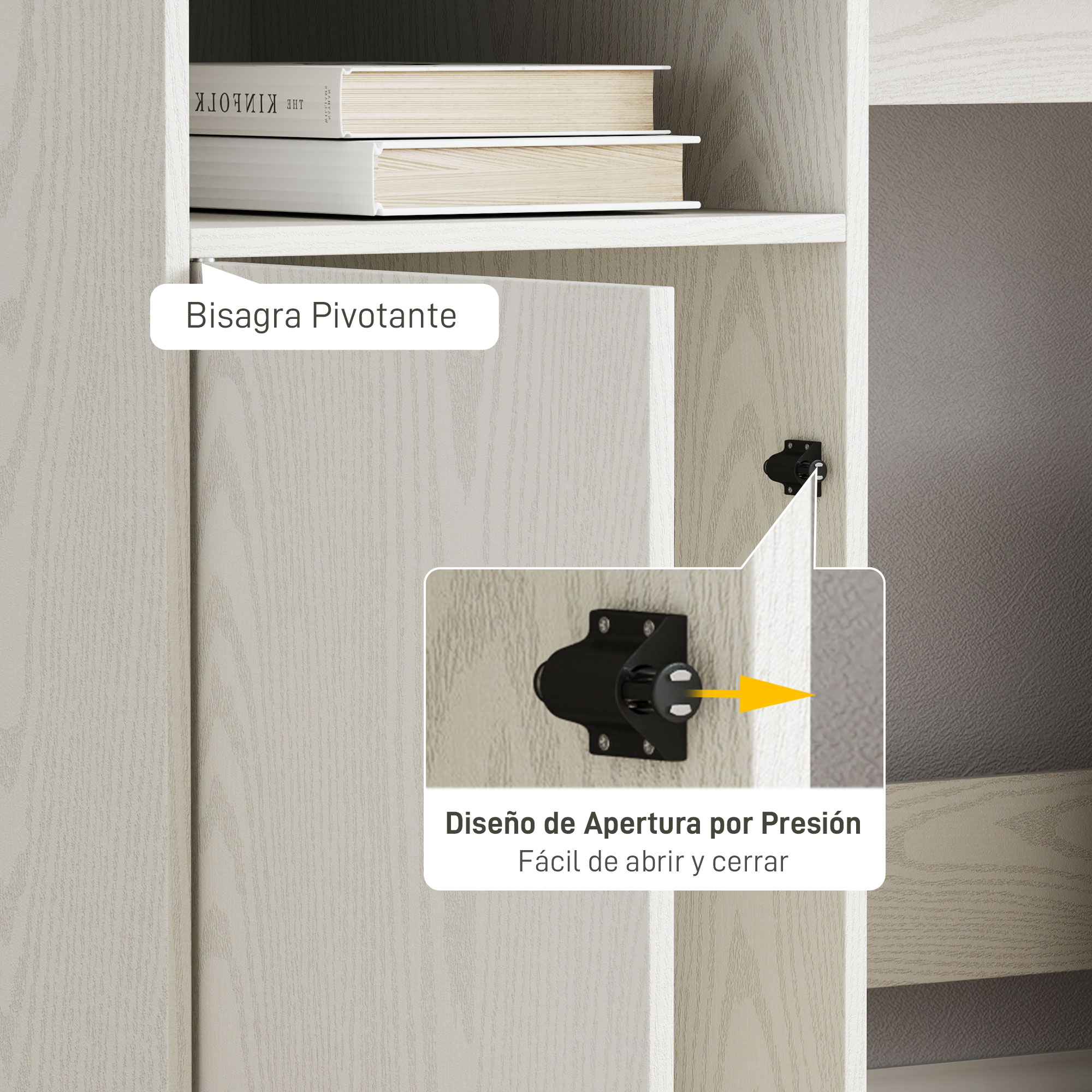 Primer plano de una puerta de armario con bisagra pivotante y diseño de apertura por presión.