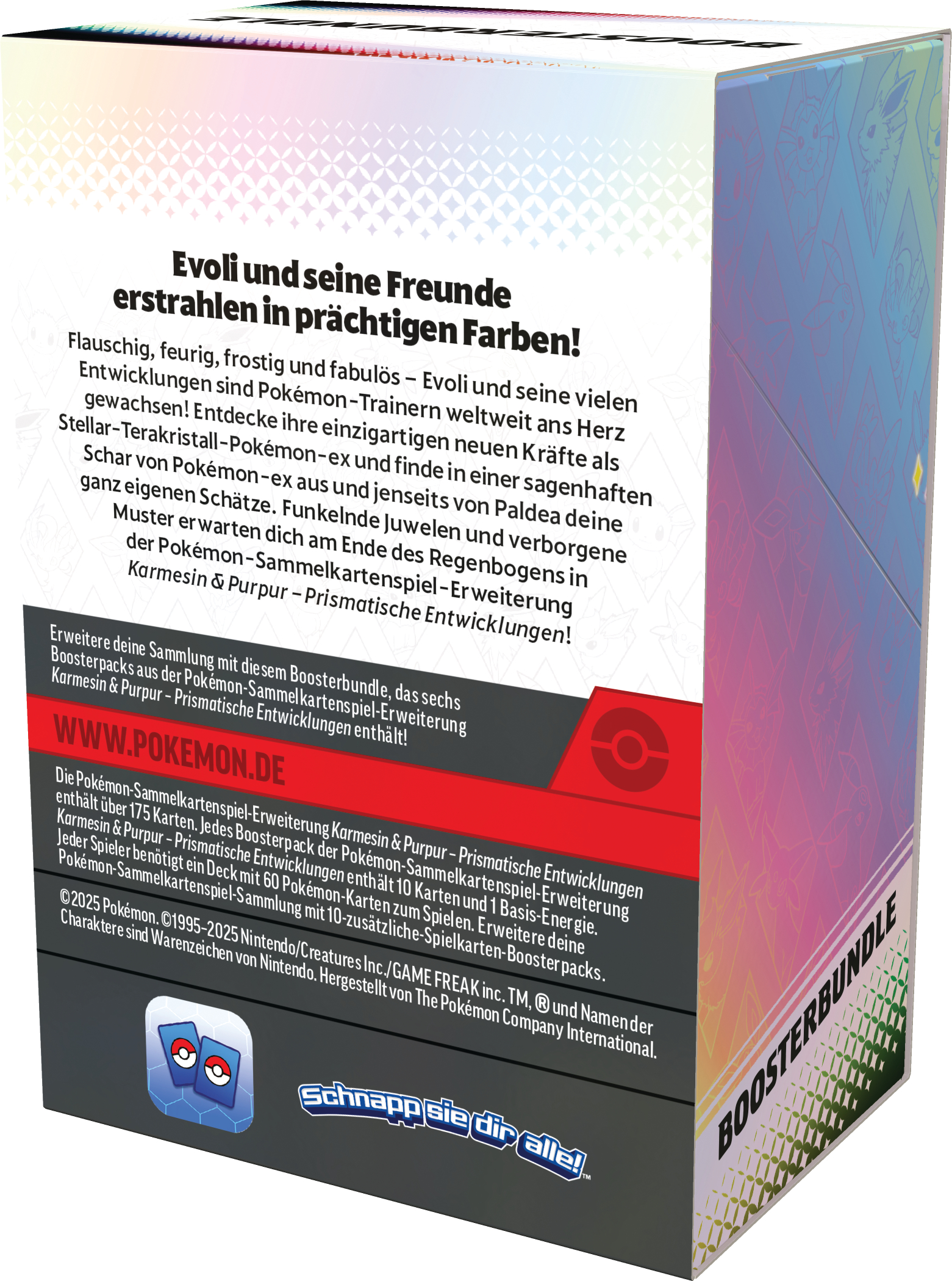 Eine Pokemon-Booster-Box. Es hat farbenfrohen Text und das Pokemon-Logo.