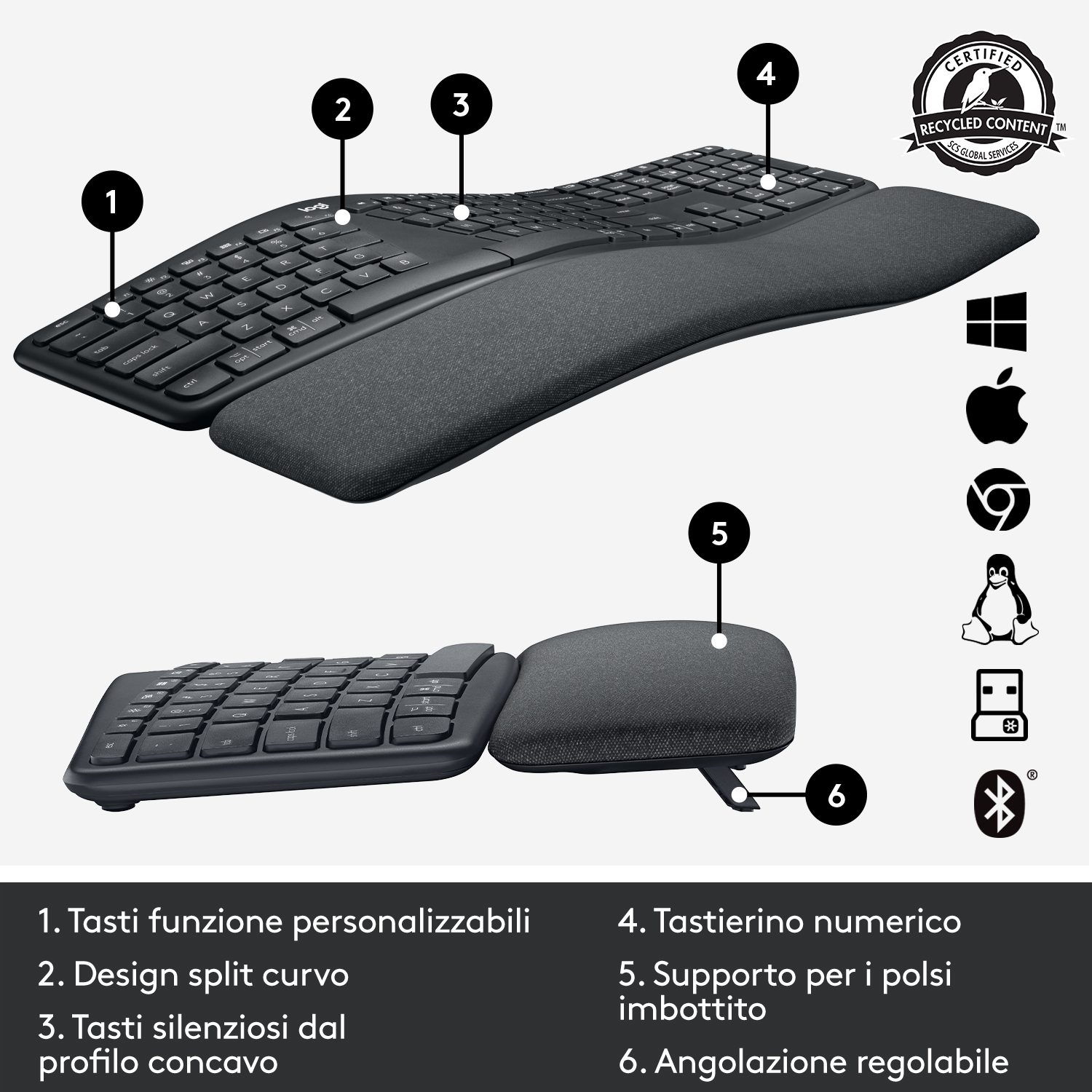 Klawiatura ergonomiczna. Cechy: podzielona konstrukcja krzywizny, ciche klawisze, klawiatura numeryczna, wyściełana podpórka pod nadgarstki i regulowany kąt.