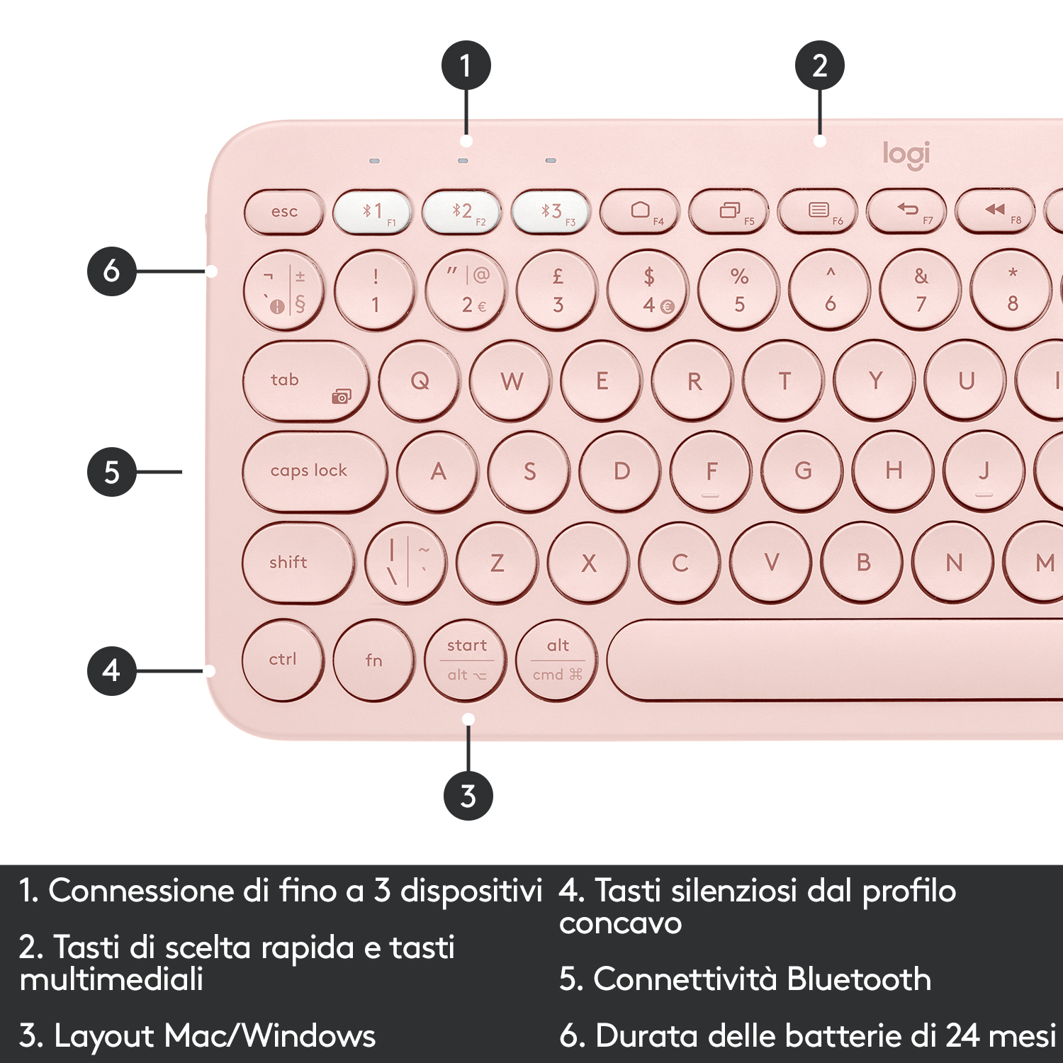 Tastiera Logitech rosa. Caratteristiche: connettiti a 3 dispositivi, tasti multimediali, layout Mac/Windows e connettività Bluetooth.