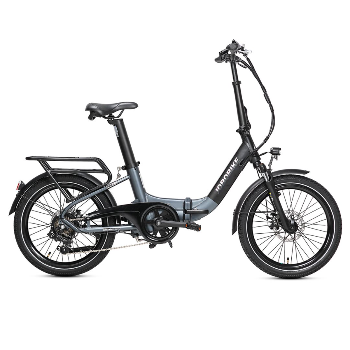 Seitenansicht eines grauen JOBOBBIKE E-Bikes, zeigt Sattel, Räder und Rahmen.